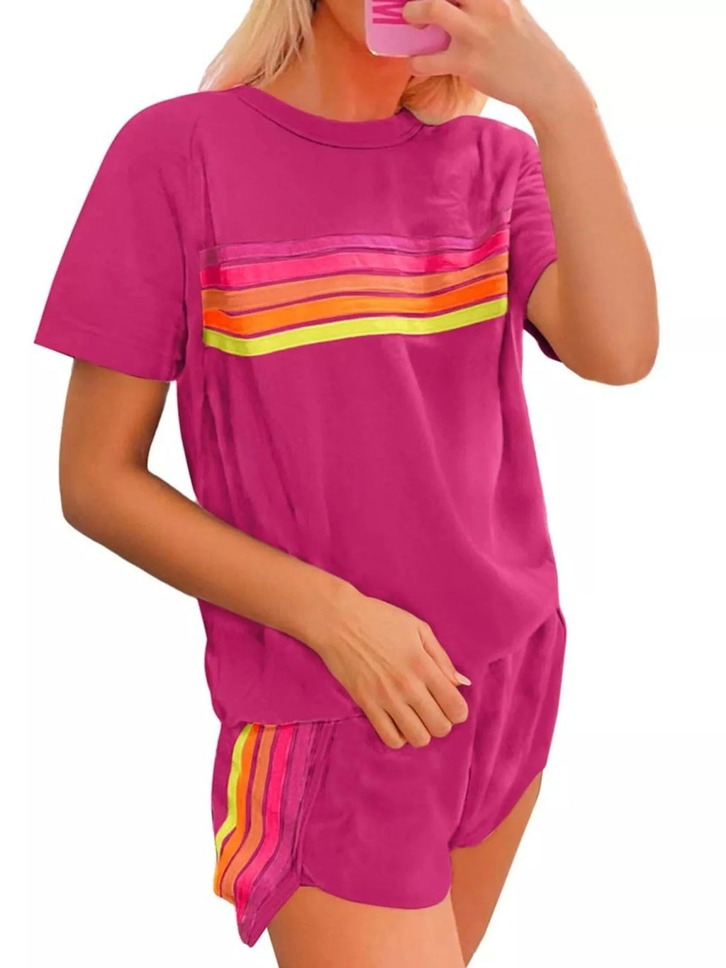 Rainbow Striped Round Neck Top and Shorts Set - Grace & Grit Boutique