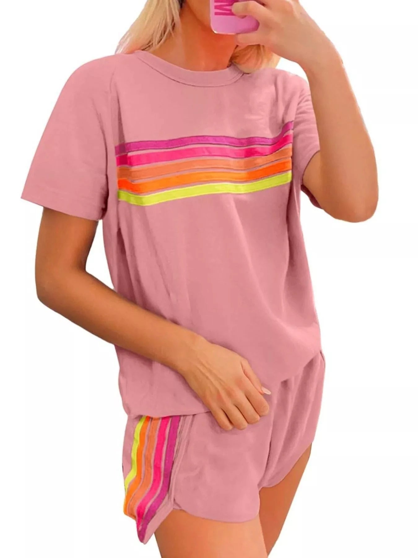 Rainbow Striped Round Neck Top and Shorts Set - Grace & Grit Boutique