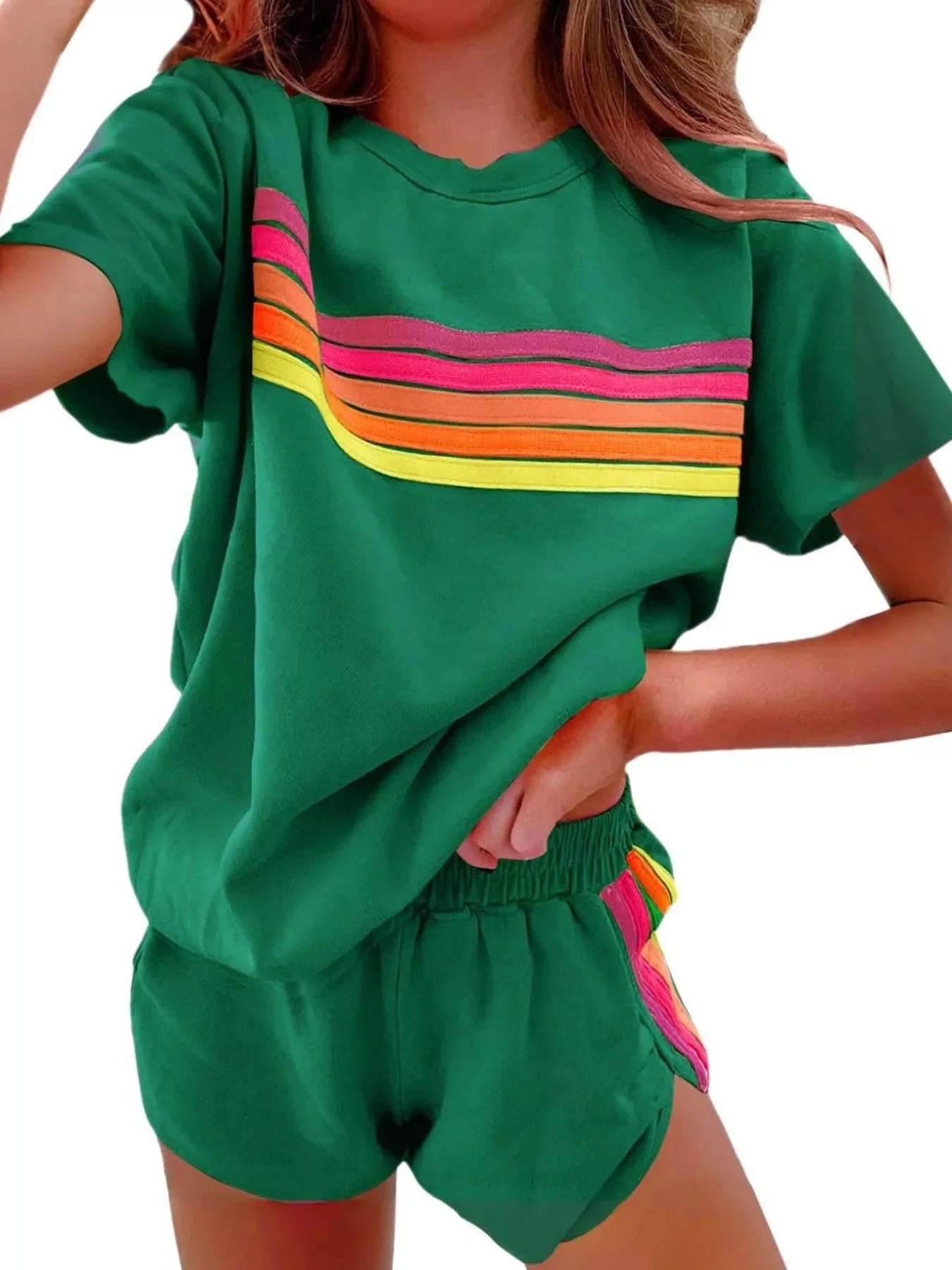 Rainbow Striped Round Neck Top and Shorts Set - Grace & Grit Boutique