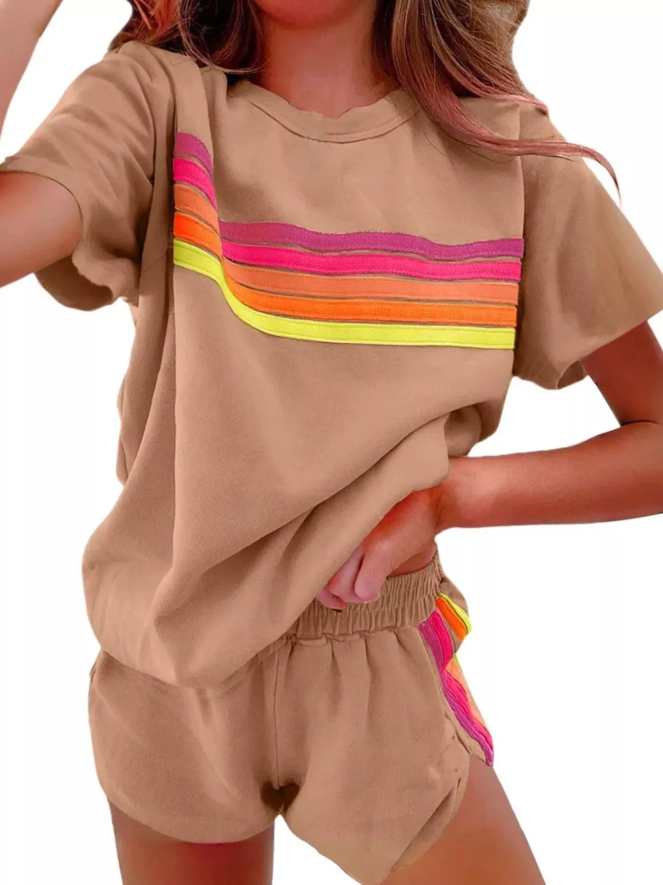 Rainbow Striped Round Neck Top and Shorts Set - Grace & Grit Boutique