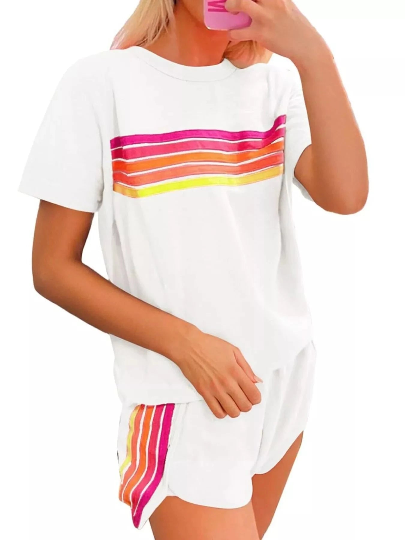 Rainbow Striped Round Neck Top and Shorts Set - Grace & Grit Boutique