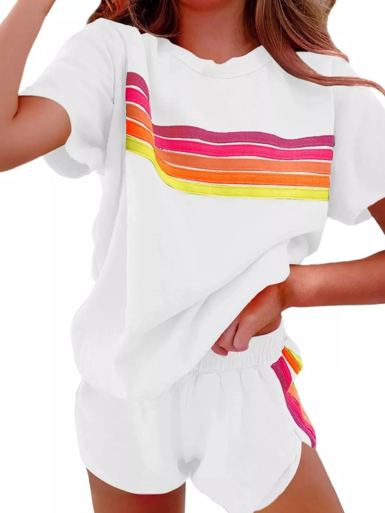 Rainbow Striped Round Neck Top and Shorts Set - Grace & Grit Boutique
