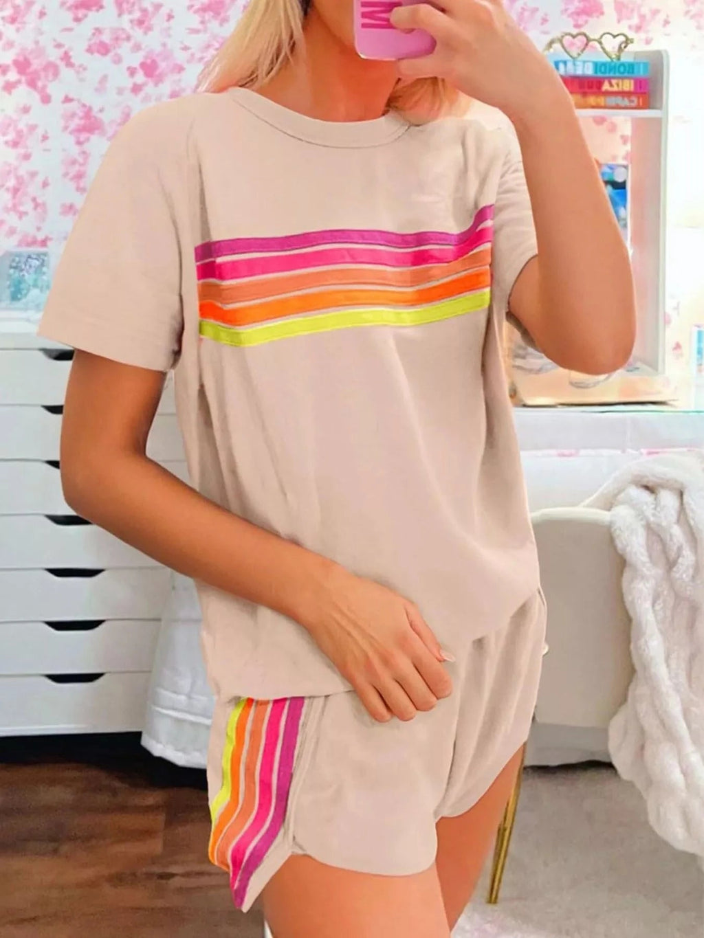Rainbow Striped Round Neck Top and Shorts Set - Grace & Grit Boutique