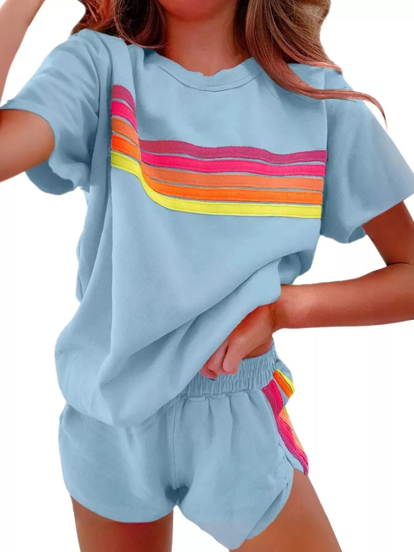 Rainbow Striped Round Neck Top and Shorts Set - Grace & Grit Boutique