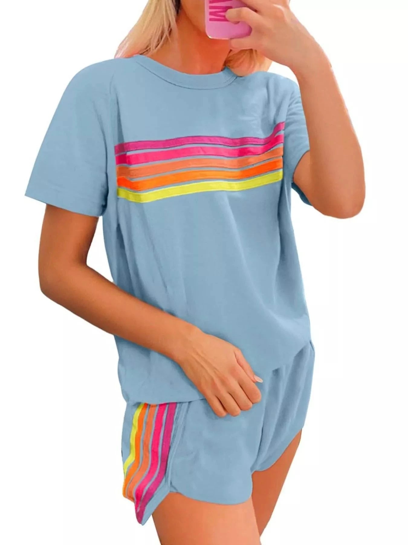 Rainbow Striped Round Neck Top and Shorts Set - Grace & Grit Boutique