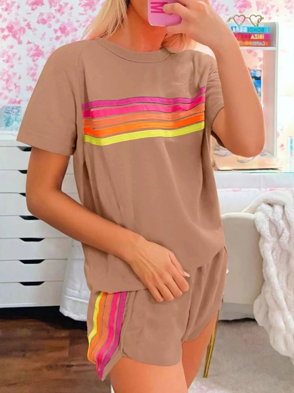 Rainbow Striped Round Neck Top and Shorts Set - Grace & Grit Boutique