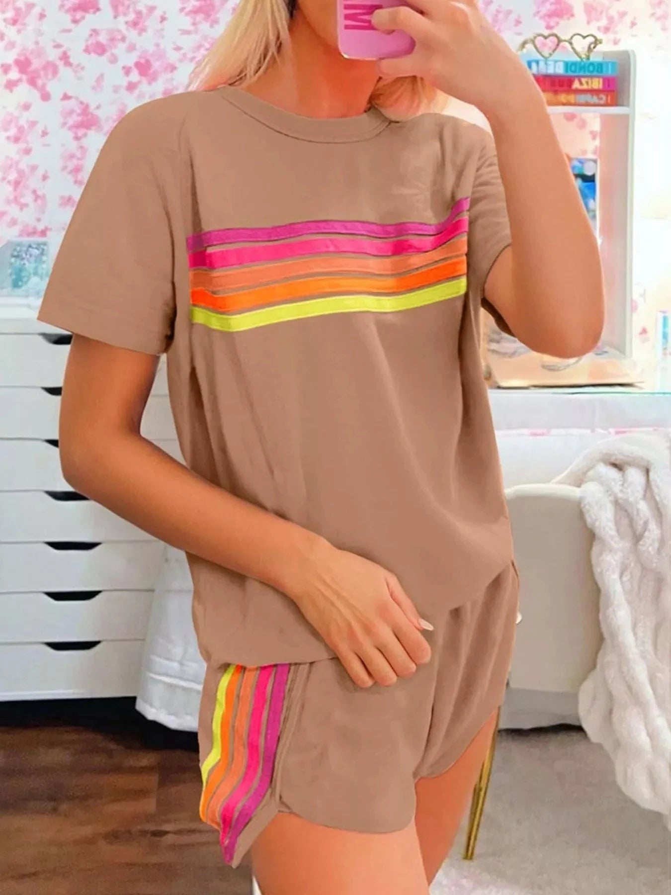 Rainbow Striped Round Neck Top and Shorts Set - Grace & Grit Boutique