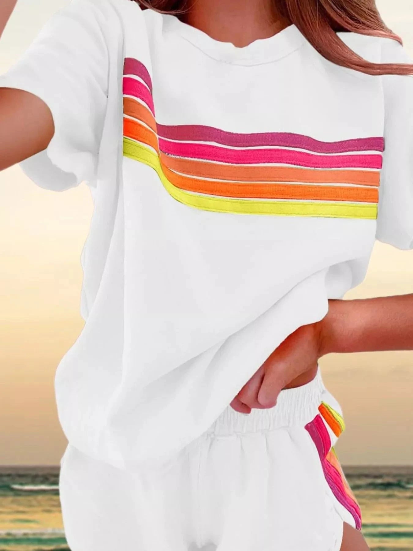 Rainbow Striped Round Neck Top and Shorts Set - Grace & Grit Boutique