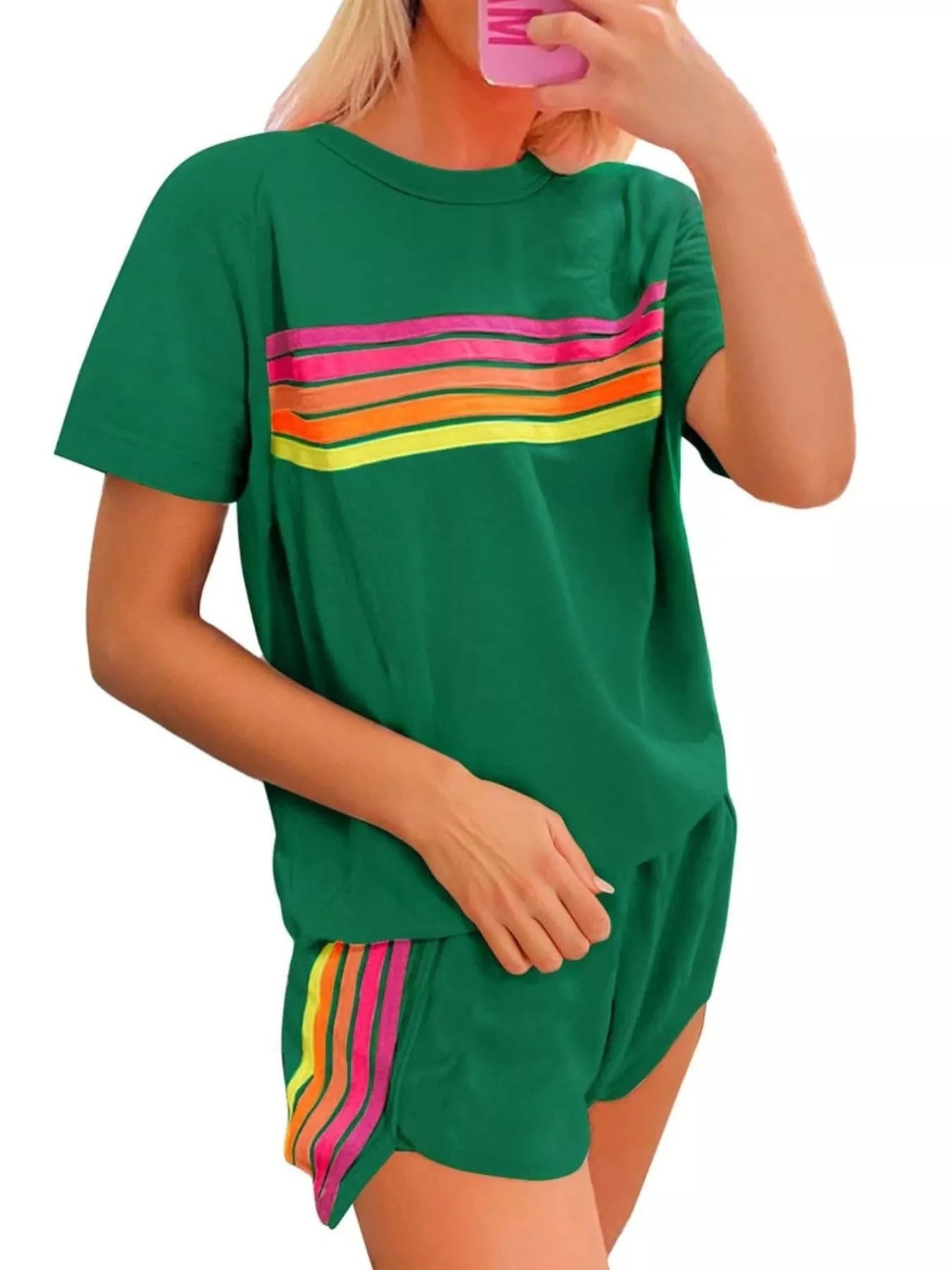 Rainbow Striped Round Neck Top and Shorts Set - Grace & Grit Boutique