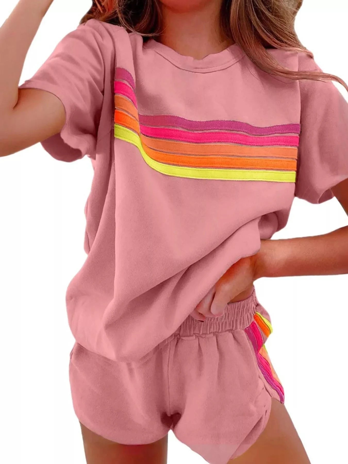 Rainbow Striped Round Neck Top and Shorts Set - Grace & Grit Boutique