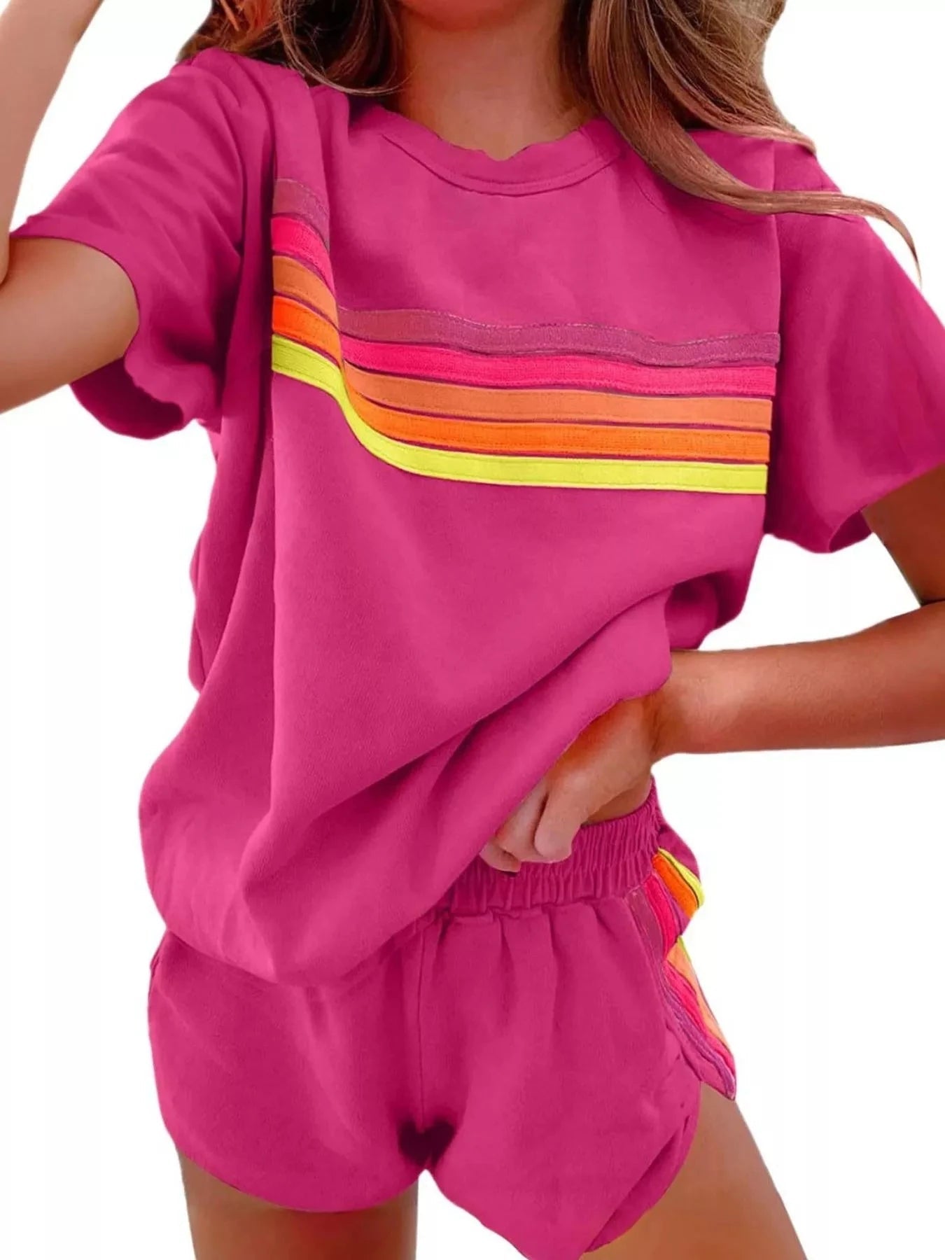 Rainbow Striped Round Neck Top and Shorts Set - Grace & Grit Boutique
