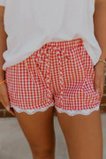 Red Gingham Plaid Tie Elastic Waist Lace Patchwork Hem Casual Shorts - Grace & Grit Boutique