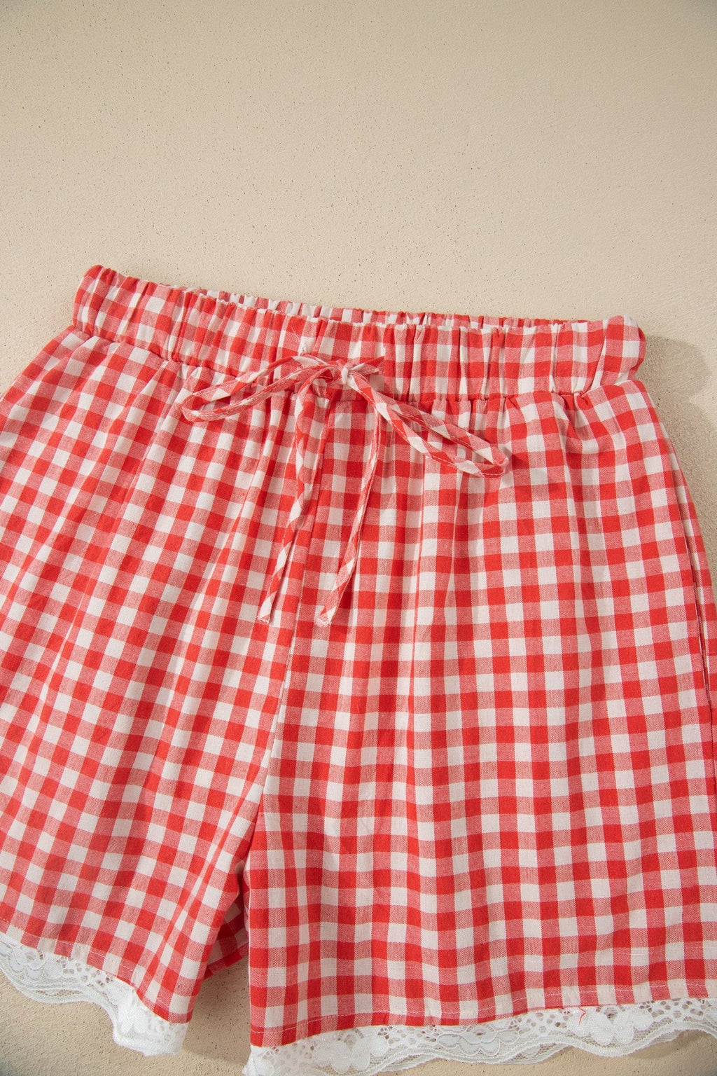 Red Gingham Plaid Tie Elastic Waist Lace Patchwork Hem Casual Shorts - Grace & Grit Boutique