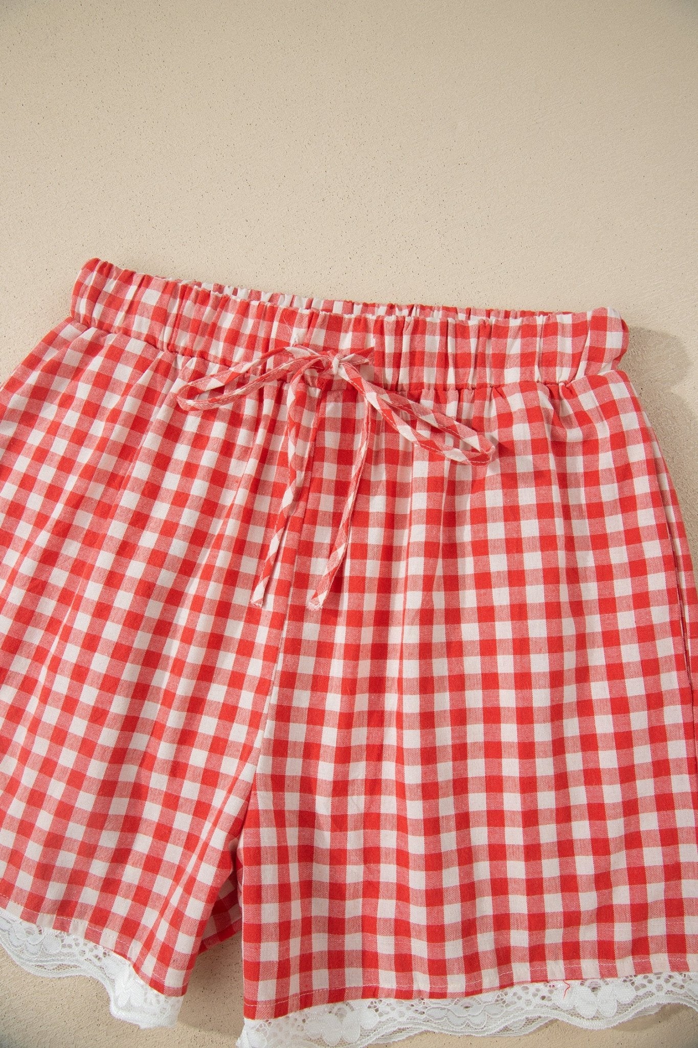 Red Gingham Plaid Tie Elastic Waist Lace Patchwork Hem Casual Shorts - Grace & Grit Boutique