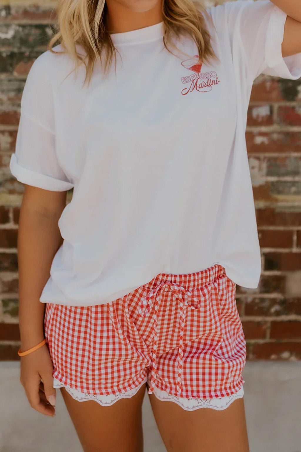 Red Gingham Plaid Tie Elastic Waist Lace Patchwork Hem Casual Shorts - Grace & Grit Boutique