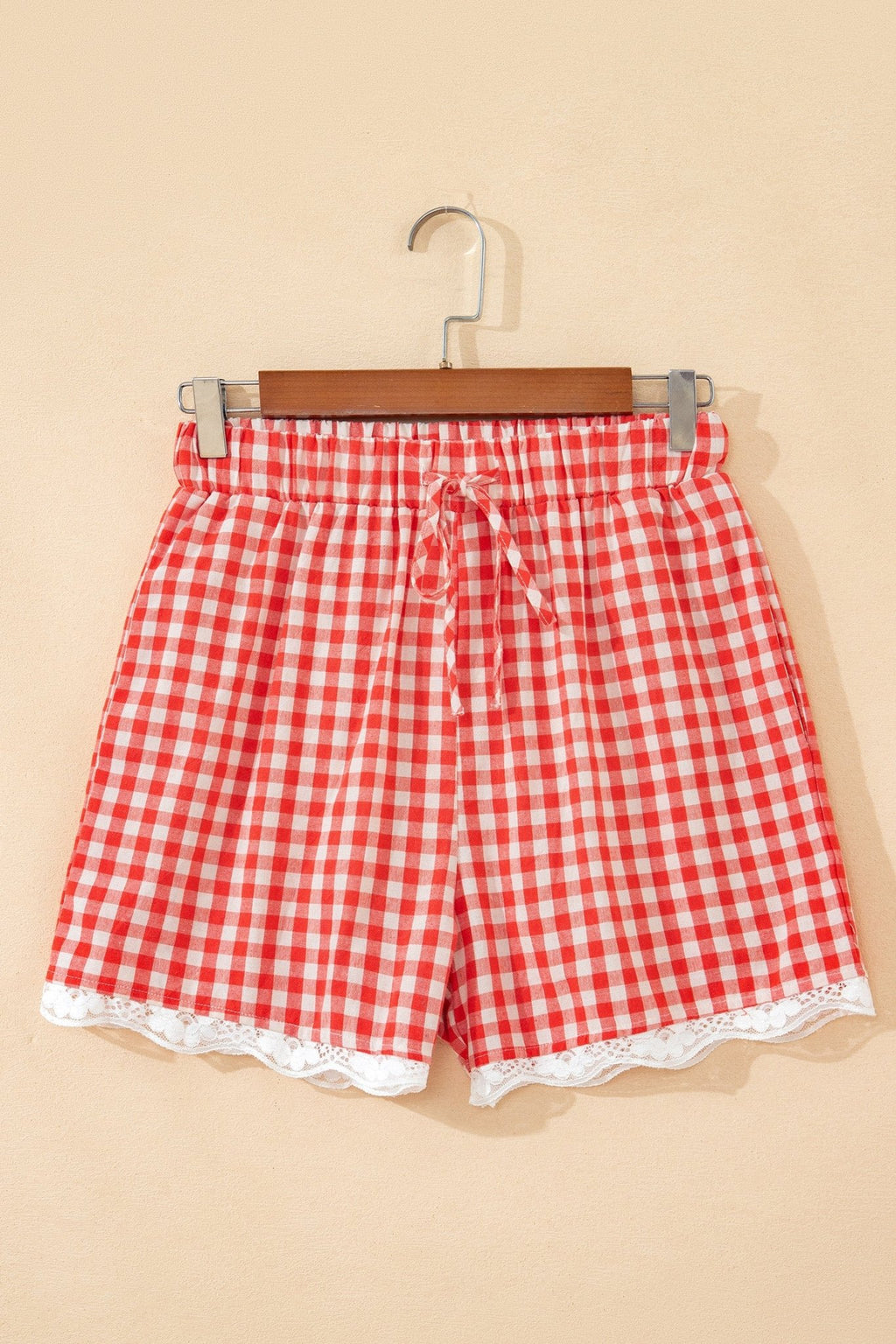 Red Gingham Plaid Tie Elastic Waist Lace Patchwork Hem Casual Shorts - Grace & Grit Boutique