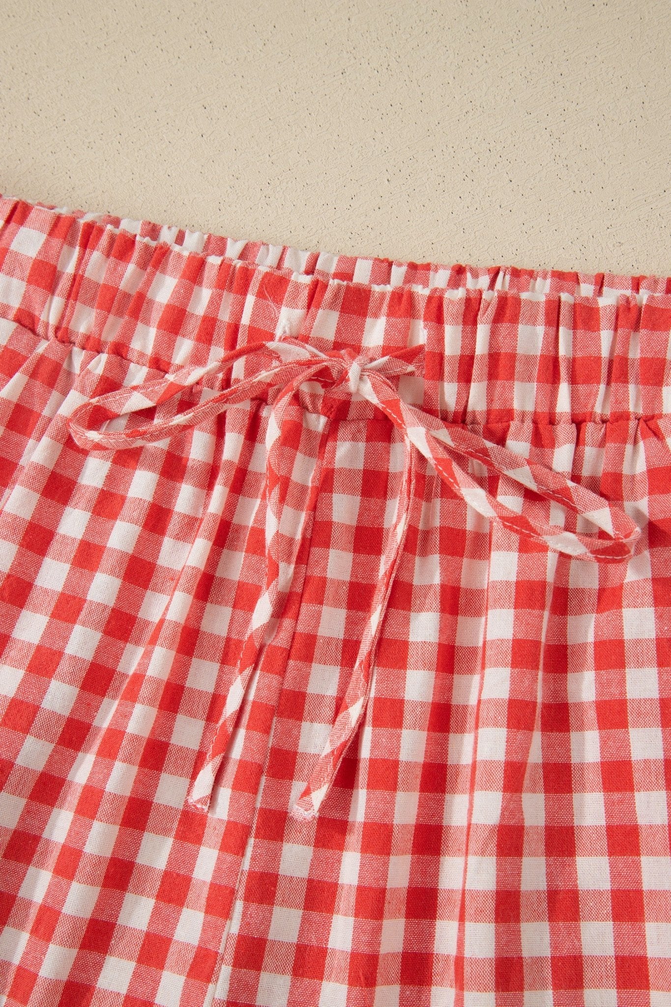 Red Gingham Plaid Tie Elastic Waist Lace Patchwork Hem Casual Shorts - Grace & Grit Boutique