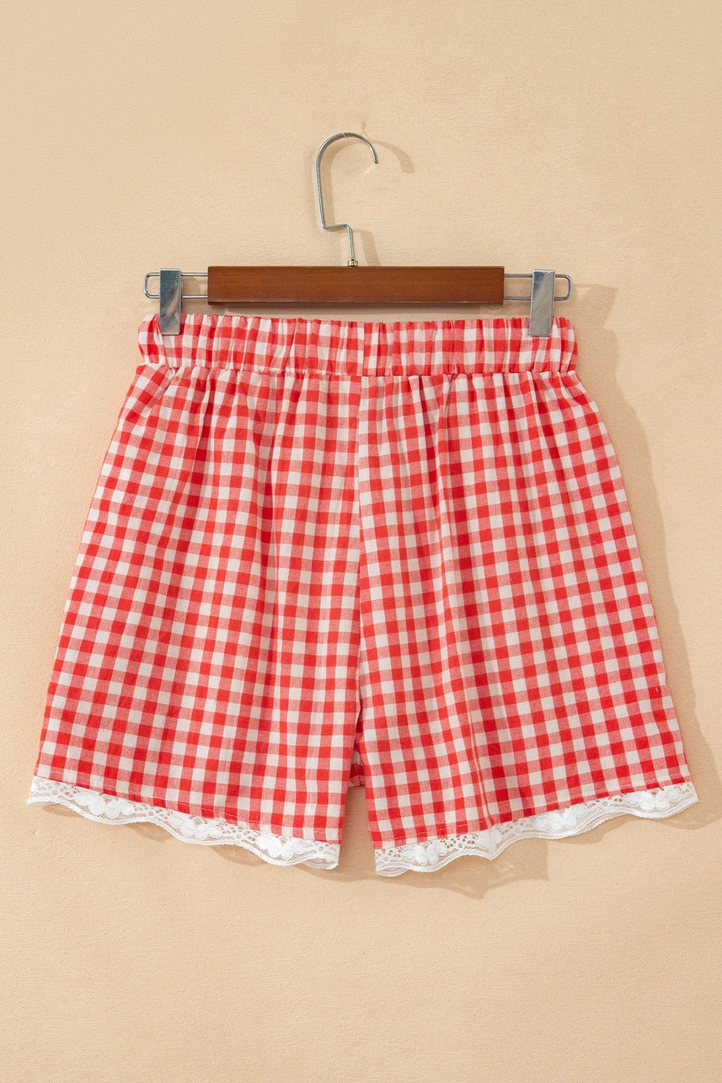 Red Gingham Plaid Tie Elastic Waist Lace Patchwork Hem Casual Shorts - Grace & Grit Boutique