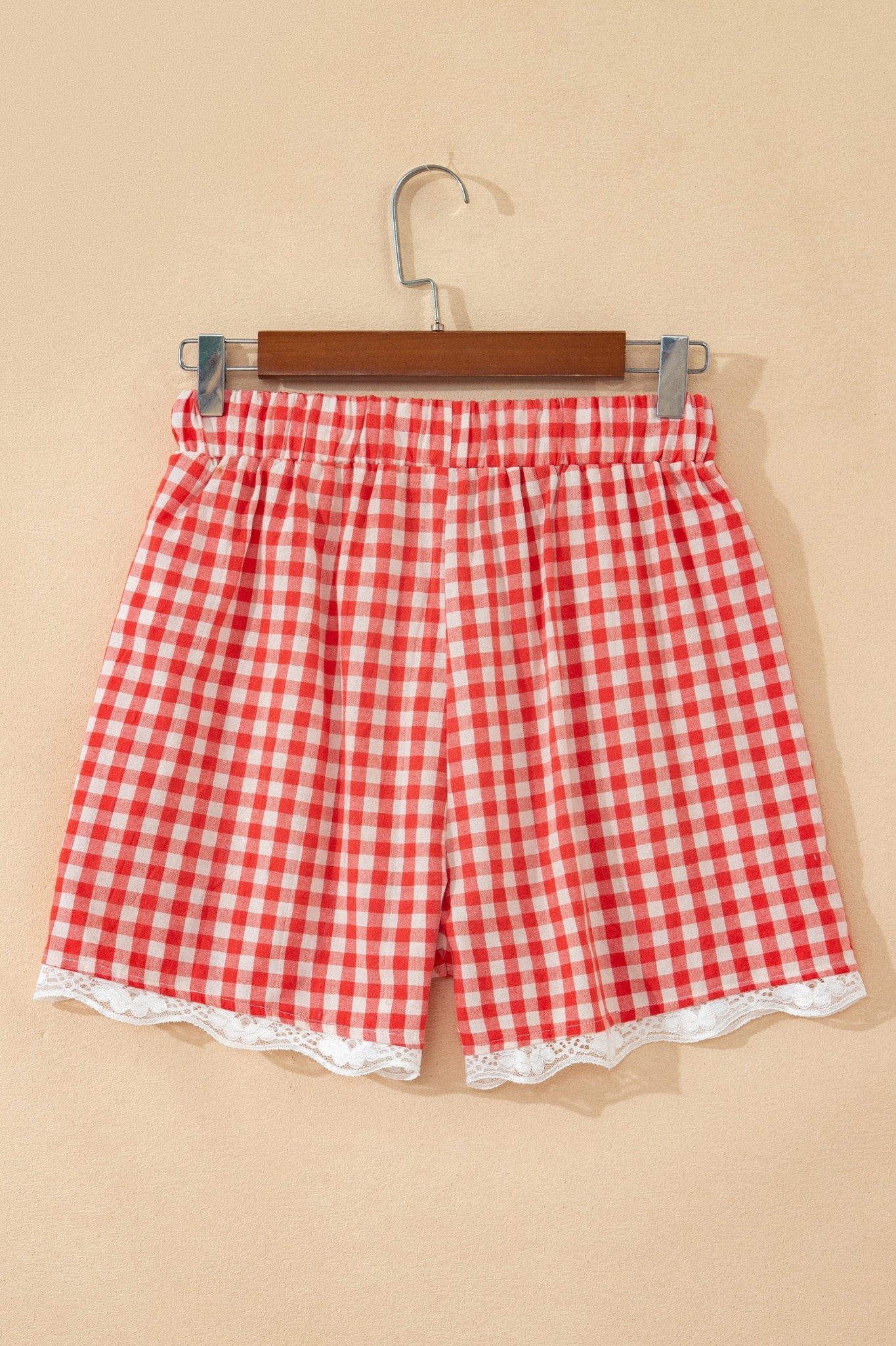 Red Gingham Plaid Tie Elastic Waist Lace Patchwork Hem Casual Shorts - Grace & Grit Boutique