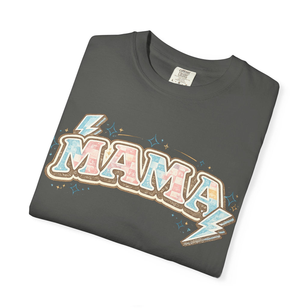 Retro "MAMA" Graphic Tee — Pink & Blue Lightning Bolt Mom Shirt - Grace & Grit Boutique