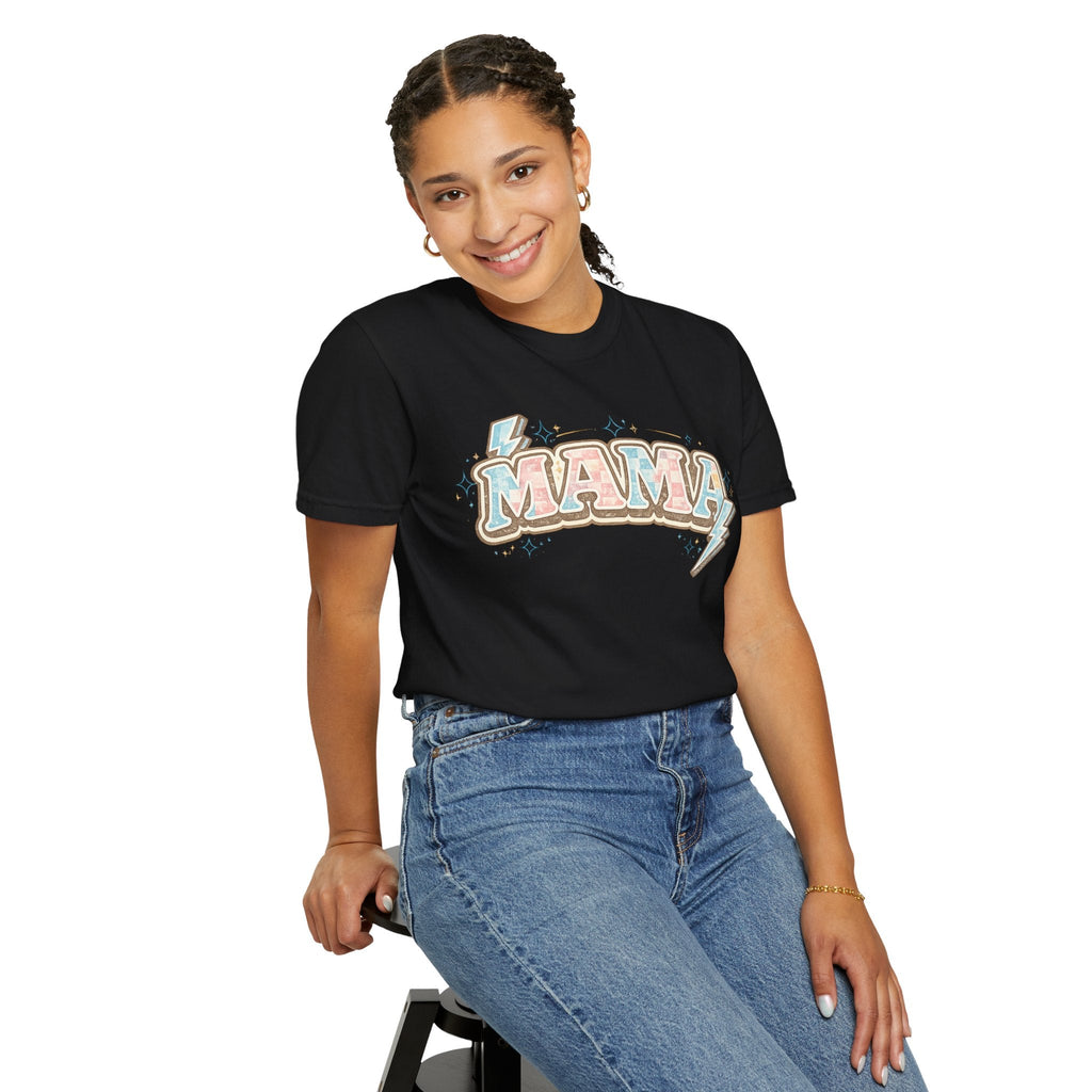 Retro "MAMA" Graphic Tee — Pink & Blue Lightning Bolt Mom Shirt - Grace & Grit Boutique