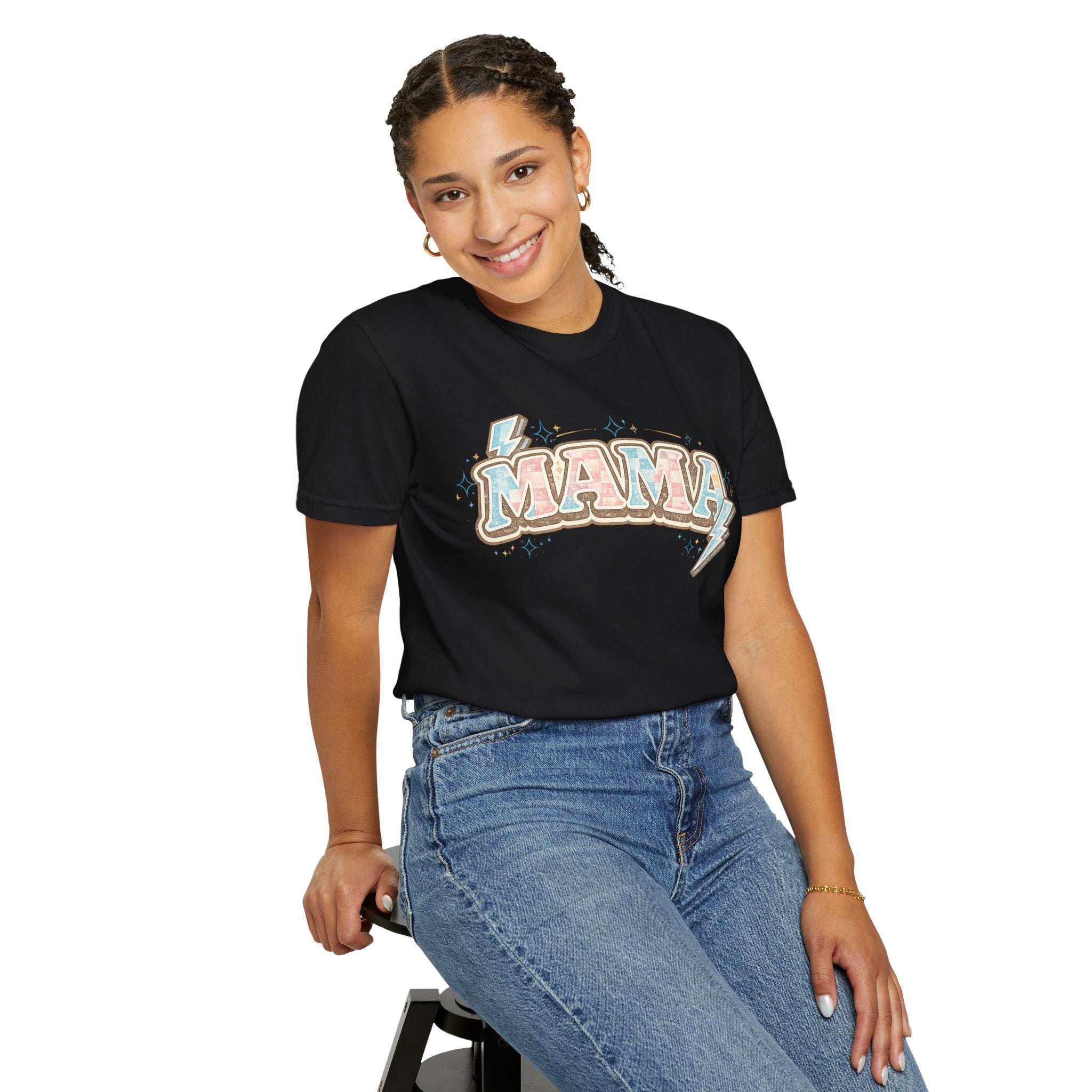 Retro "MAMA" Graphic Tee — Pink & Blue Lightning Bolt Mom Shirt - Grace & Grit Boutique