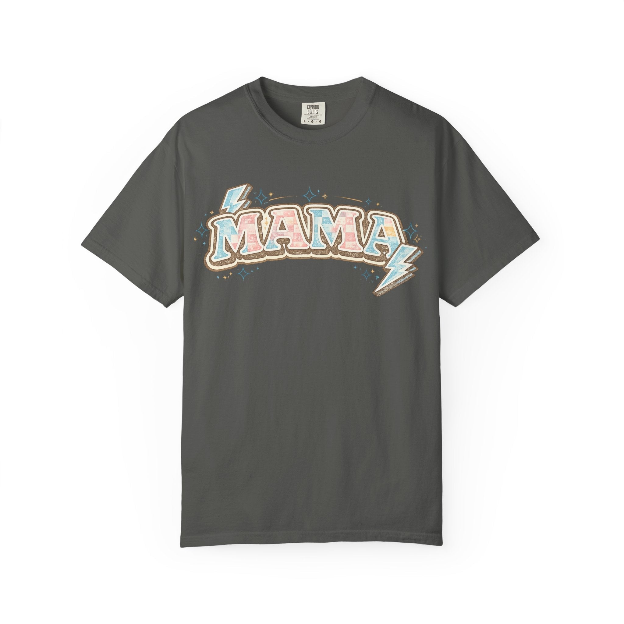 Retro "MAMA" Graphic Tee — Pink & Blue Lightning Bolt Mom Shirt - Grace & Grit Boutique