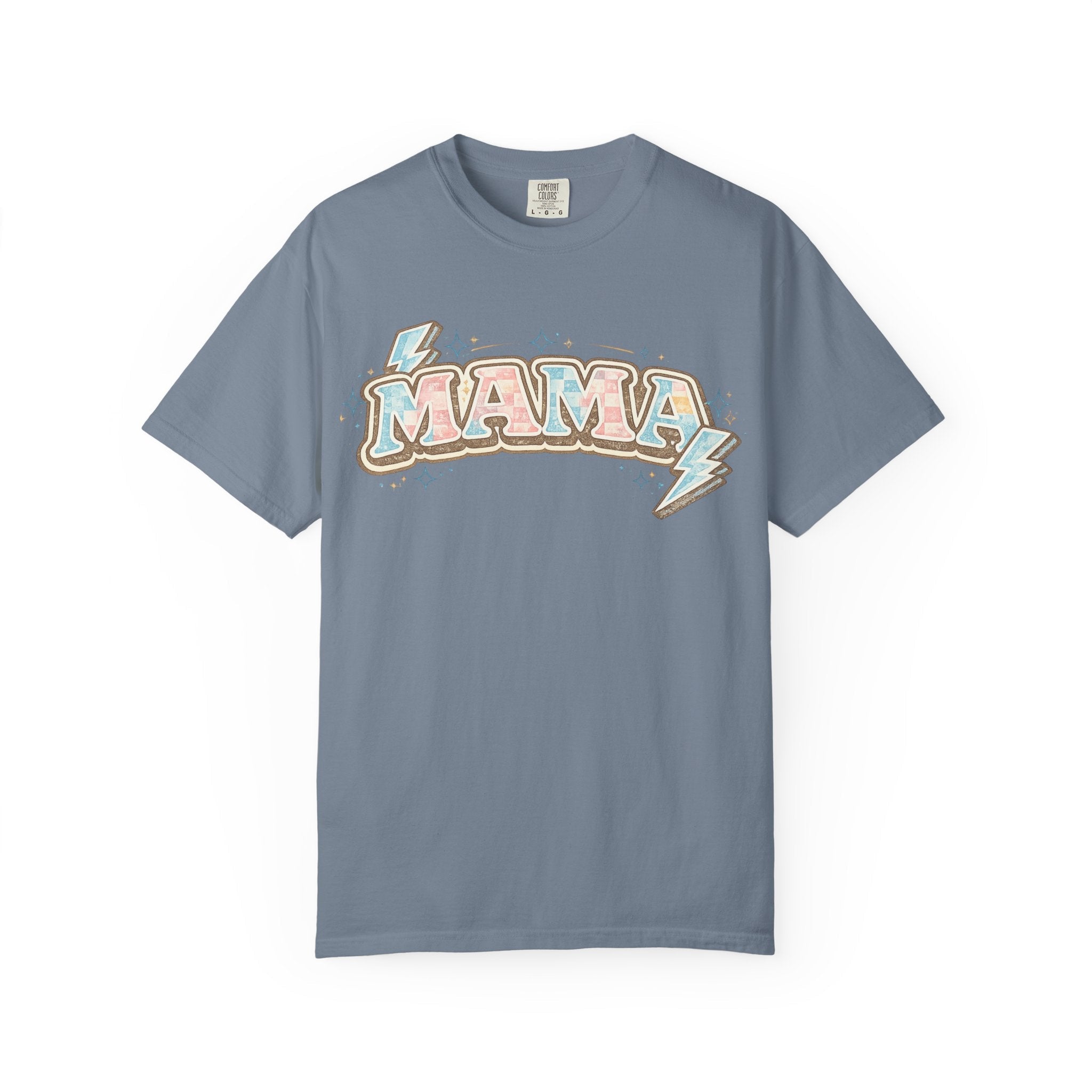Retro "MAMA" Graphic Tee — Pink & Blue Lightning Bolt Mom Shirt - Grace & Grit Boutique