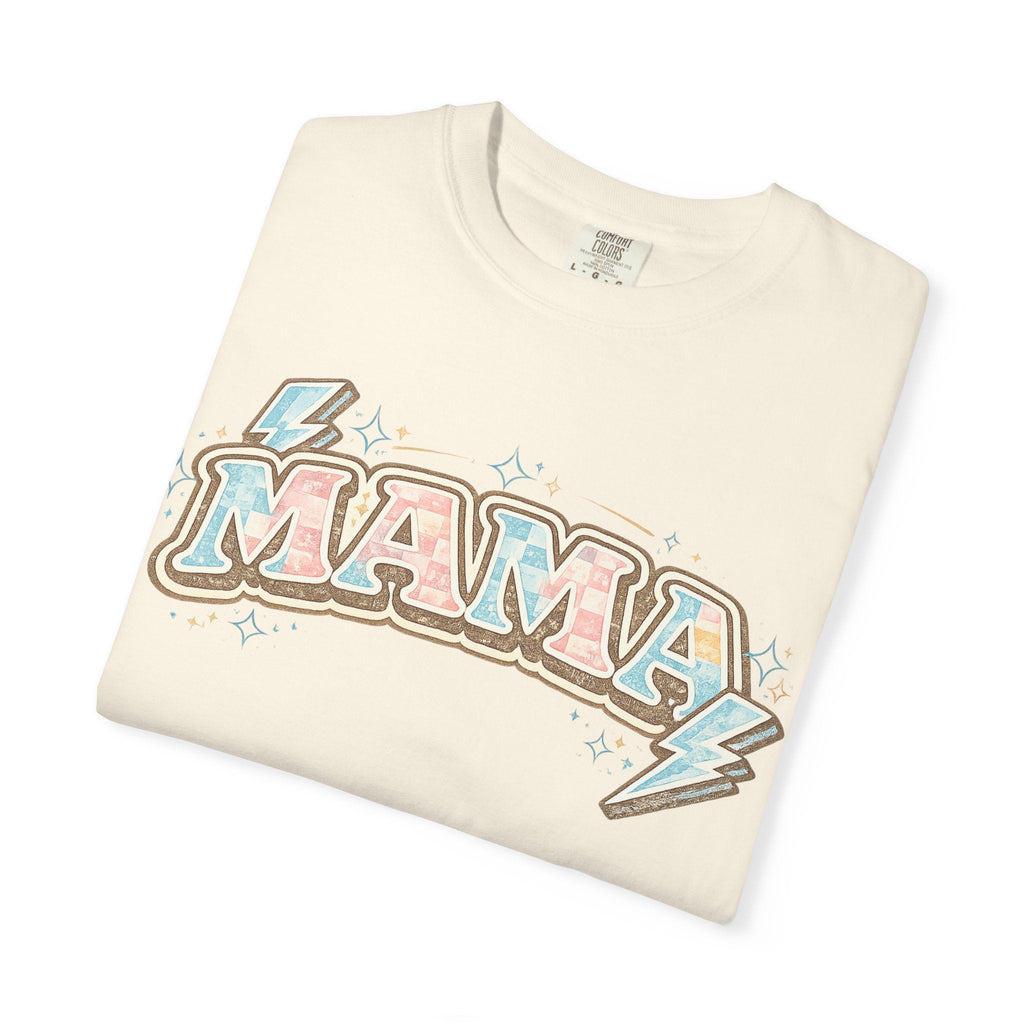 Retro "MAMA" Graphic Tee — Pink & Blue Lightning Bolt Mom Shirt - Grace & Grit Boutique