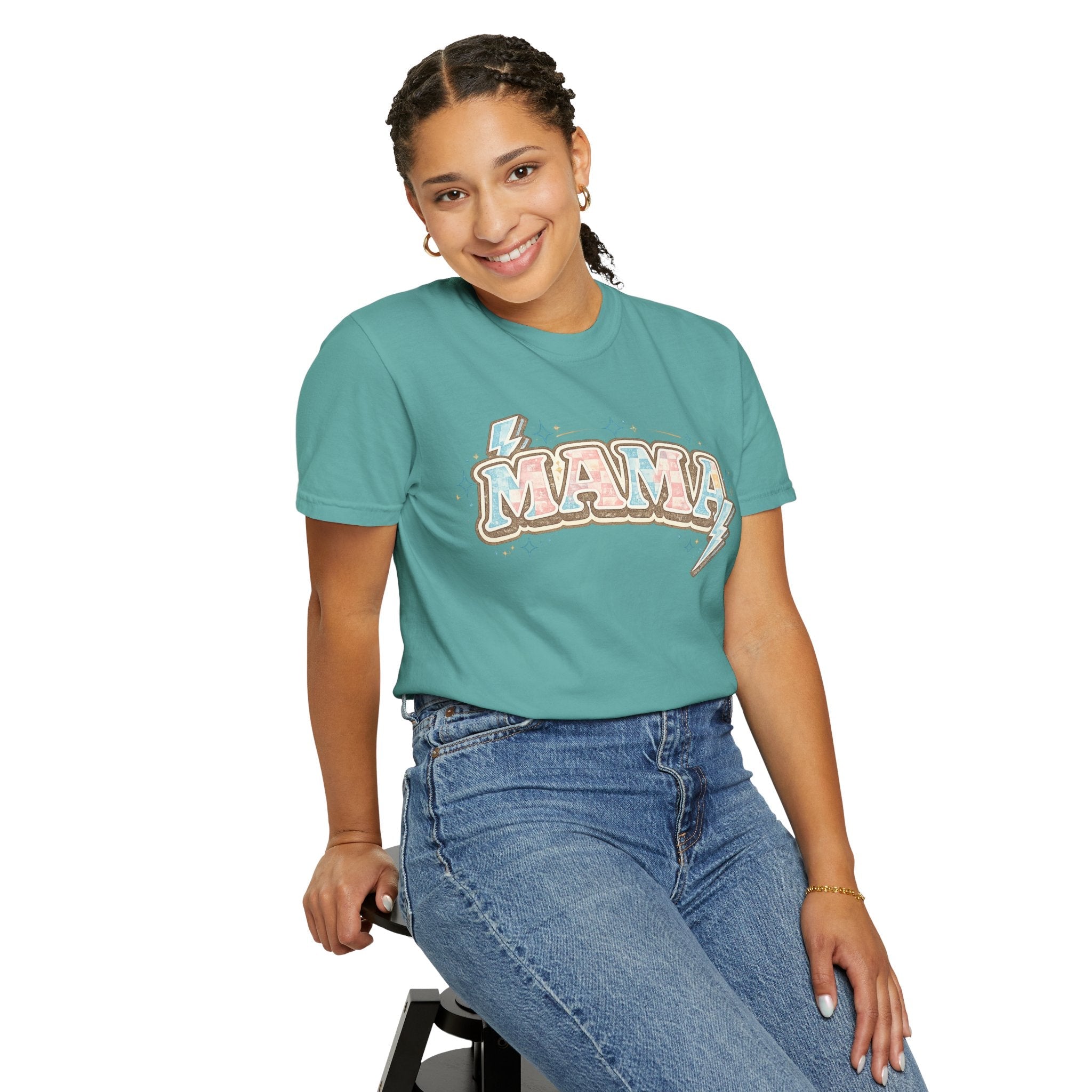 Retro "MAMA" Graphic Tee — Pink & Blue Lightning Bolt Mom Shirt - Grace & Grit Boutique