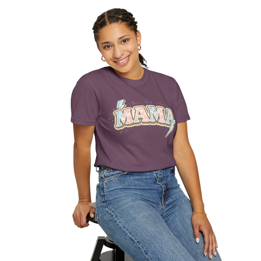 Retro "MAMA" Graphic Tee — Pink & Blue Lightning Bolt Mom Shirt - Grace & Grit Boutique