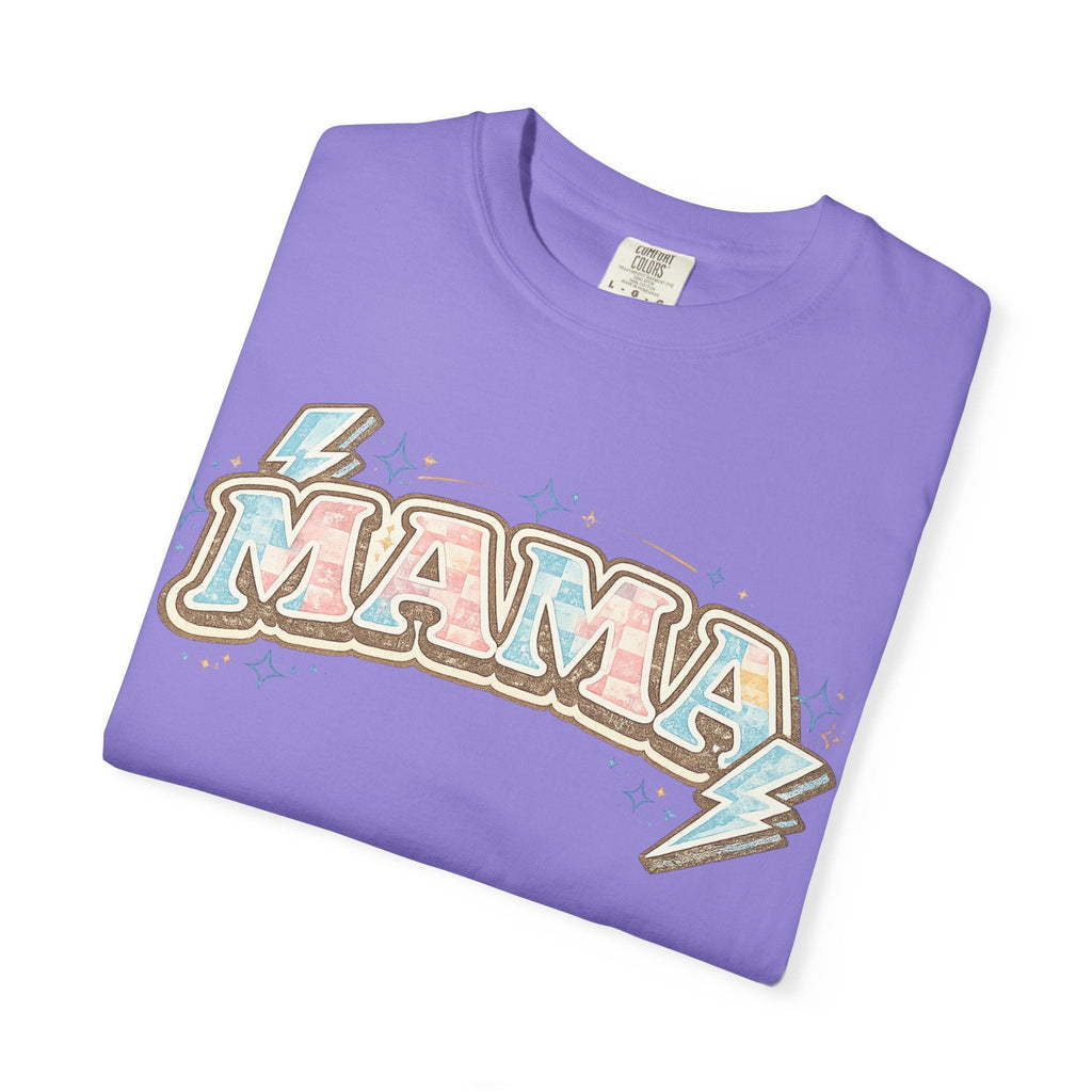 Retro "MAMA" Graphic Tee — Pink & Blue Lightning Bolt Mom Shirt - Grace & Grit Boutique