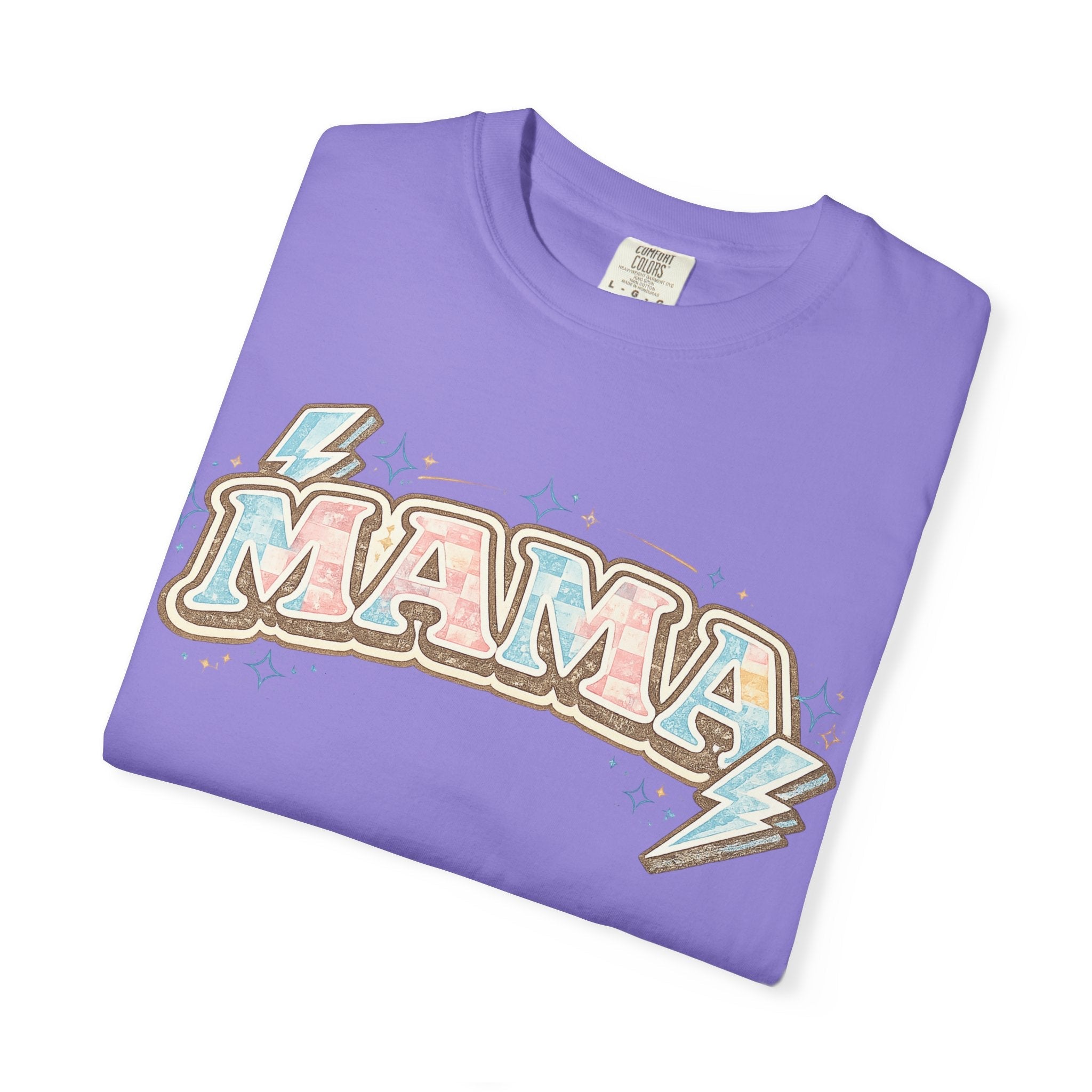Retro "MAMA" Graphic Tee — Pink & Blue Lightning Bolt Mom Shirt - Grace & Grit Boutique