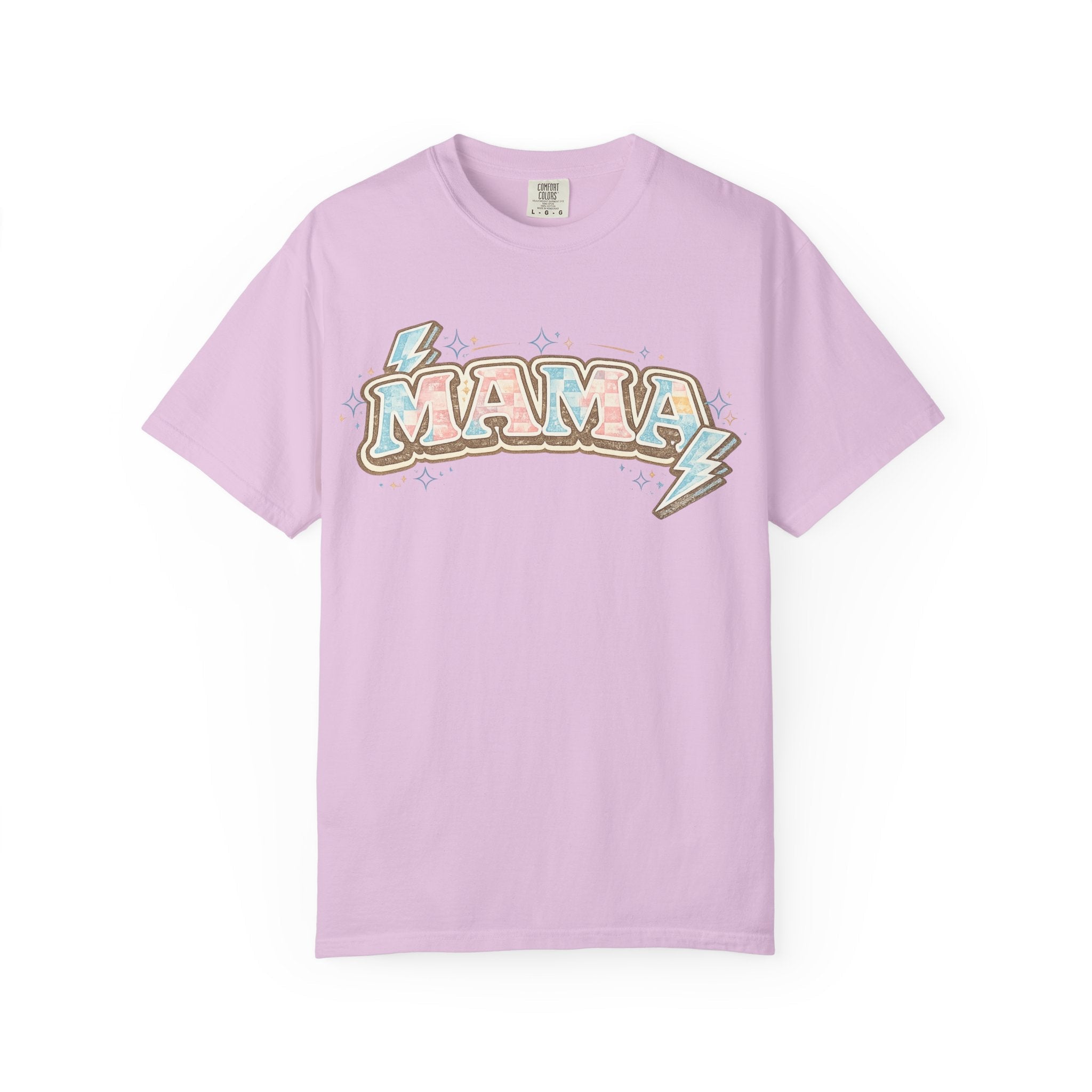 Retro "MAMA" Graphic Tee — Pink & Blue Lightning Bolt Mom Shirt - Grace & Grit Boutique