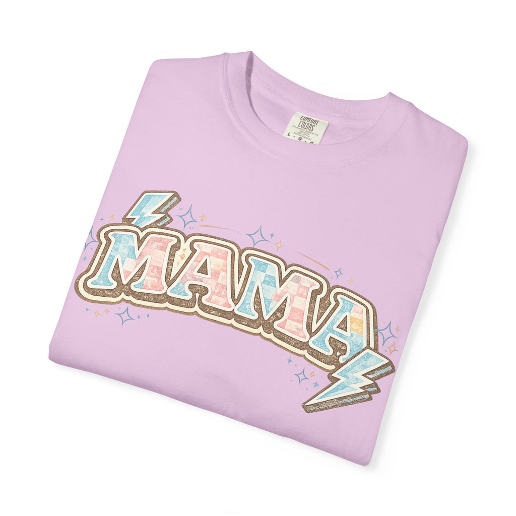 Retro "MAMA" Graphic Tee — Pink & Blue Lightning Bolt Mom Shirt - Grace & Grit Boutique