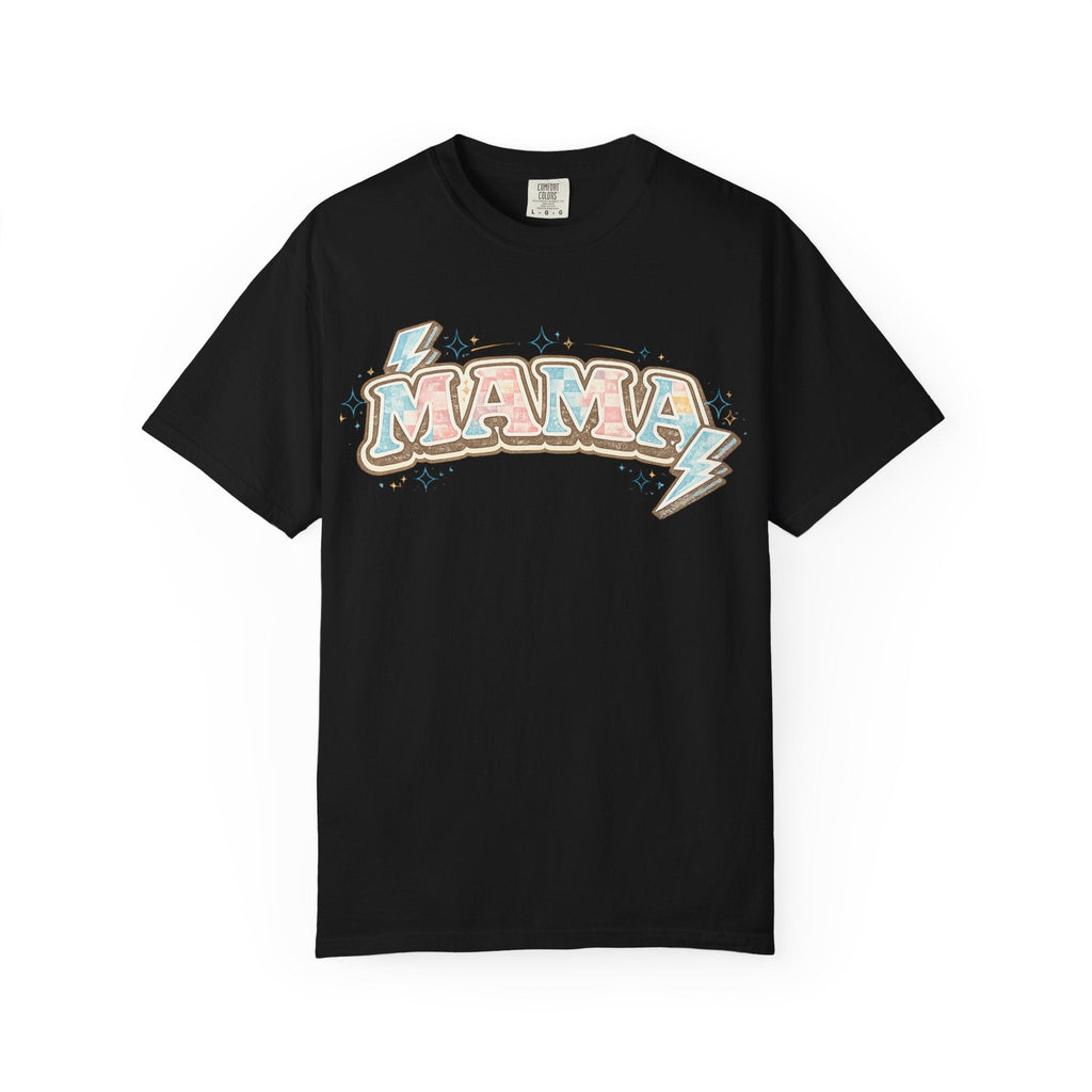 Retro "MAMA" Graphic Tee — Pink & Blue Lightning Bolt Mom Shirt - Grace & Grit Boutique