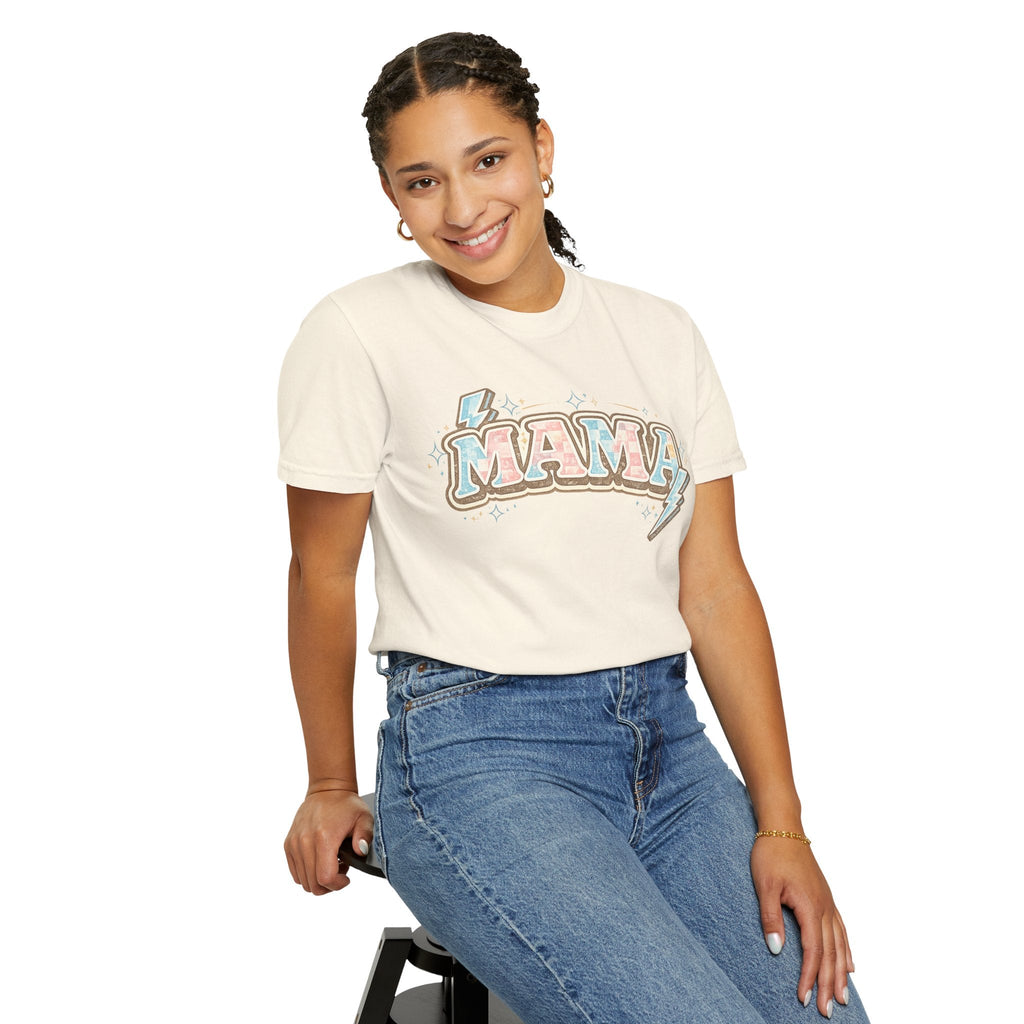 Retro "MAMA" Graphic Tee — Pink & Blue Lightning Bolt Mom Shirt - Grace & Grit Boutique