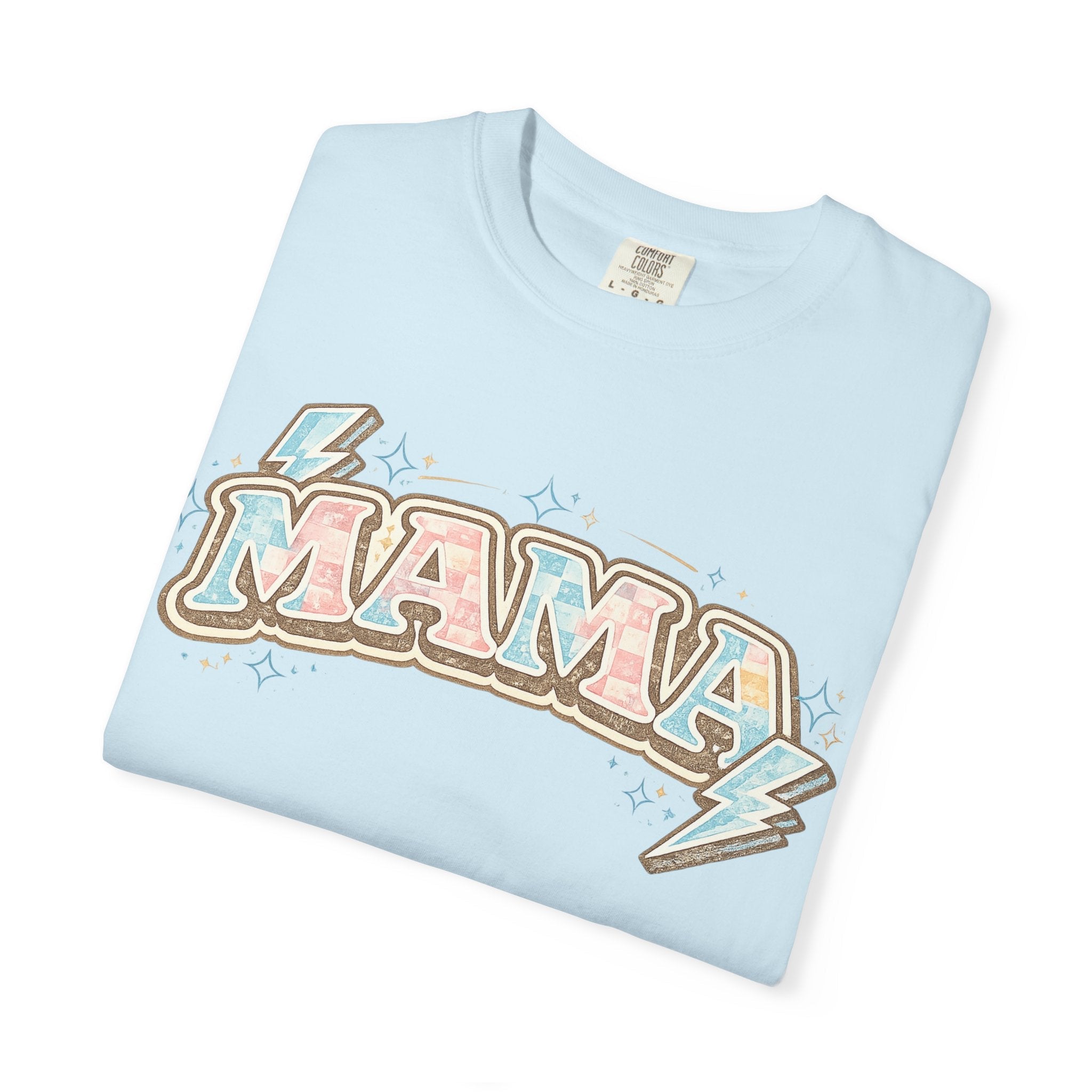 Retro "MAMA" Graphic Tee — Pink & Blue Lightning Bolt Mom Shirt - Grace & Grit Boutique