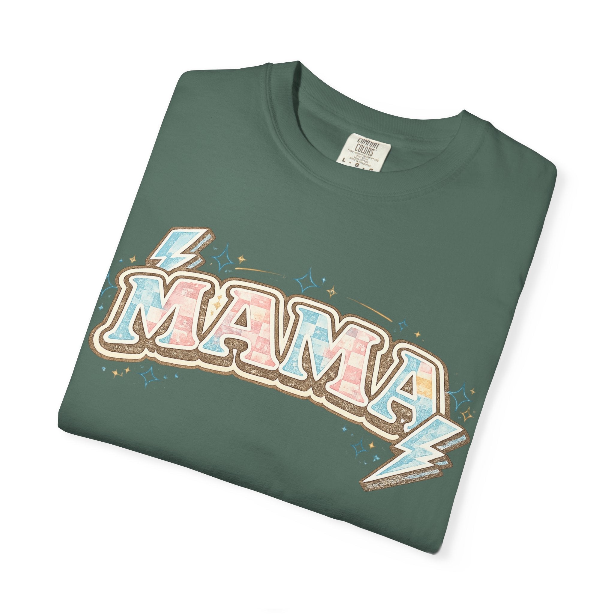 Retro "MAMA" Graphic Tee — Pink & Blue Lightning Bolt Mom Shirt - Grace & Grit Boutique