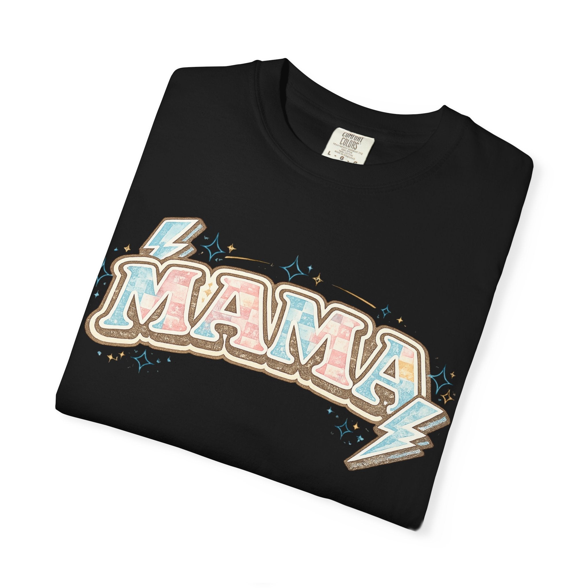 Retro "MAMA" Graphic Tee — Pink & Blue Lightning Bolt Mom Shirt - Grace & Grit Boutique