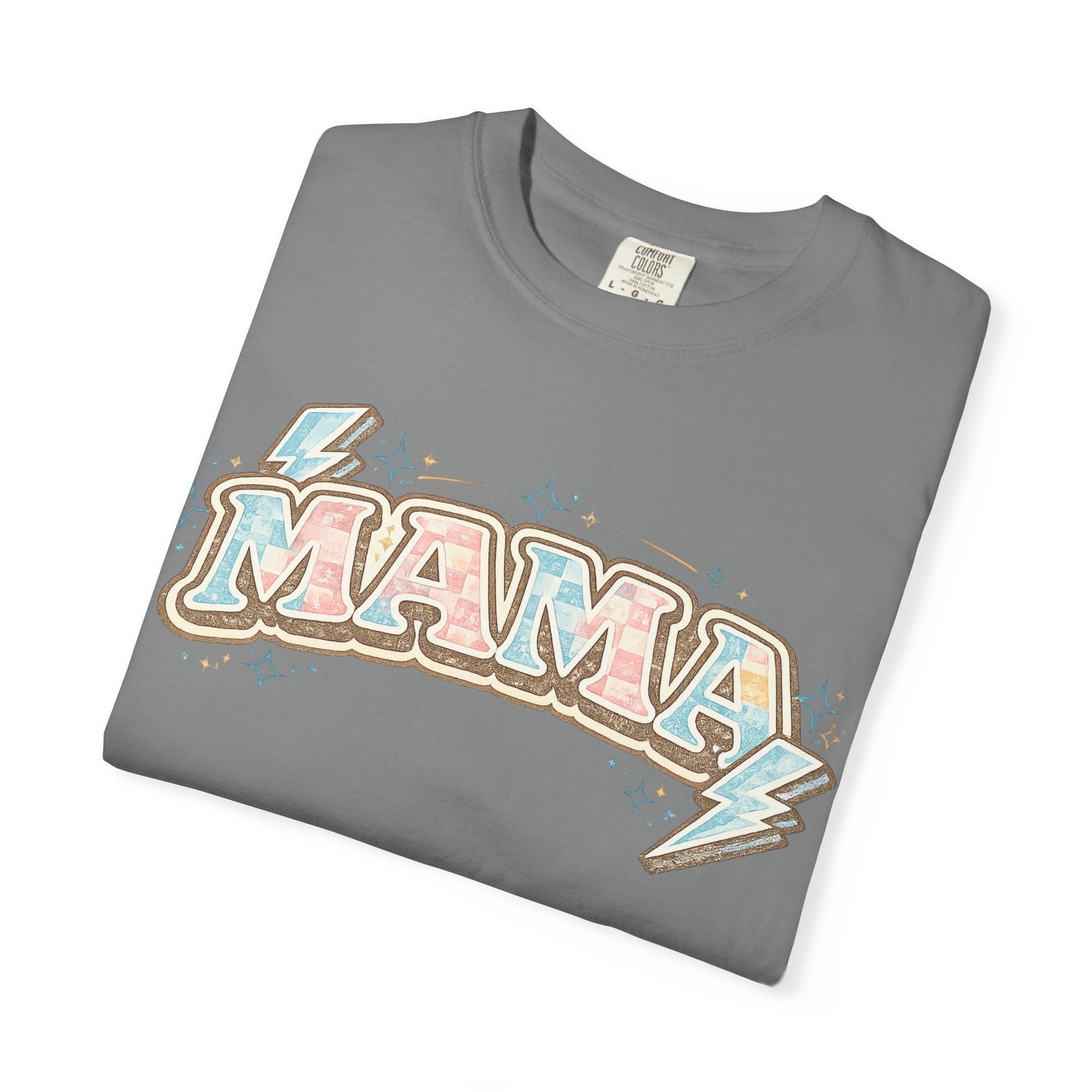 Retro "MAMA" Graphic Tee — Pink & Blue Lightning Bolt Mom Shirt - Grace & Grit Boutique