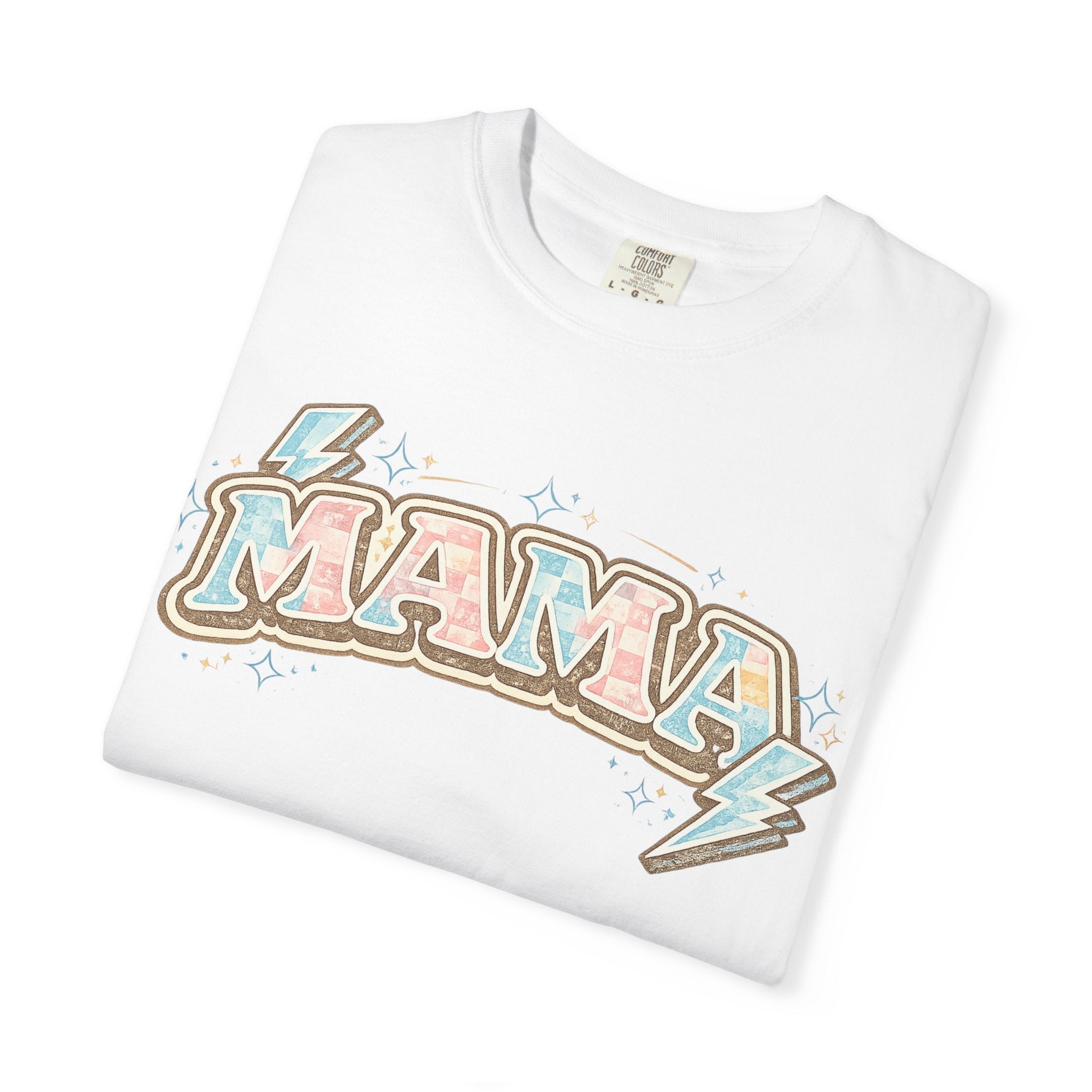 Retro "MAMA" Graphic Tee — Pink & Blue Lightning Bolt Mom Shirt - Grace & Grit Boutique