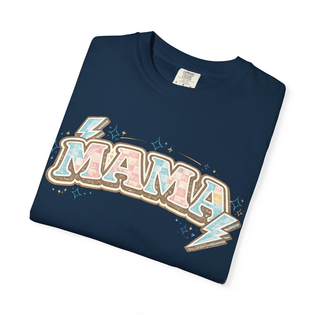 Retro "MAMA" Graphic Tee — Pink & Blue Lightning Bolt Mom Shirt - Grace & Grit Boutique
