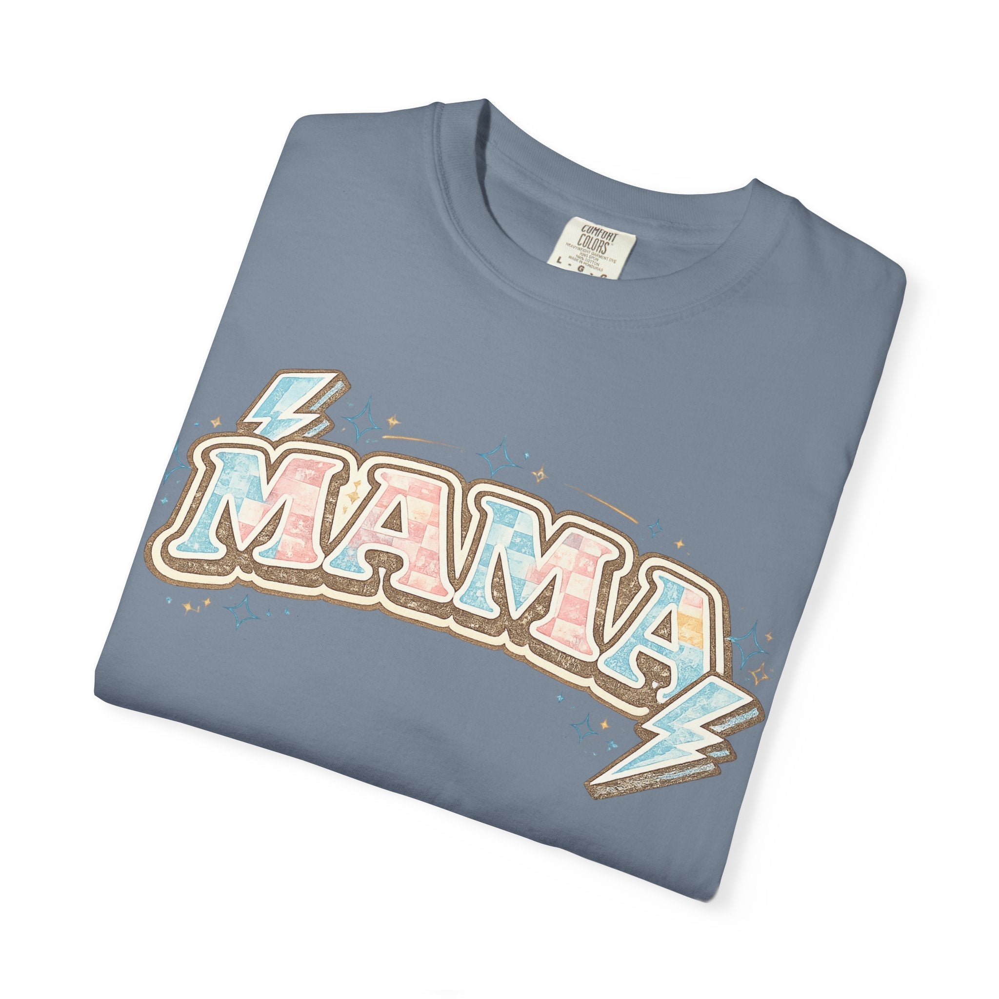 Retro "MAMA" Graphic Tee — Pink & Blue Lightning Bolt Mom Shirt - Grace & Grit Boutique