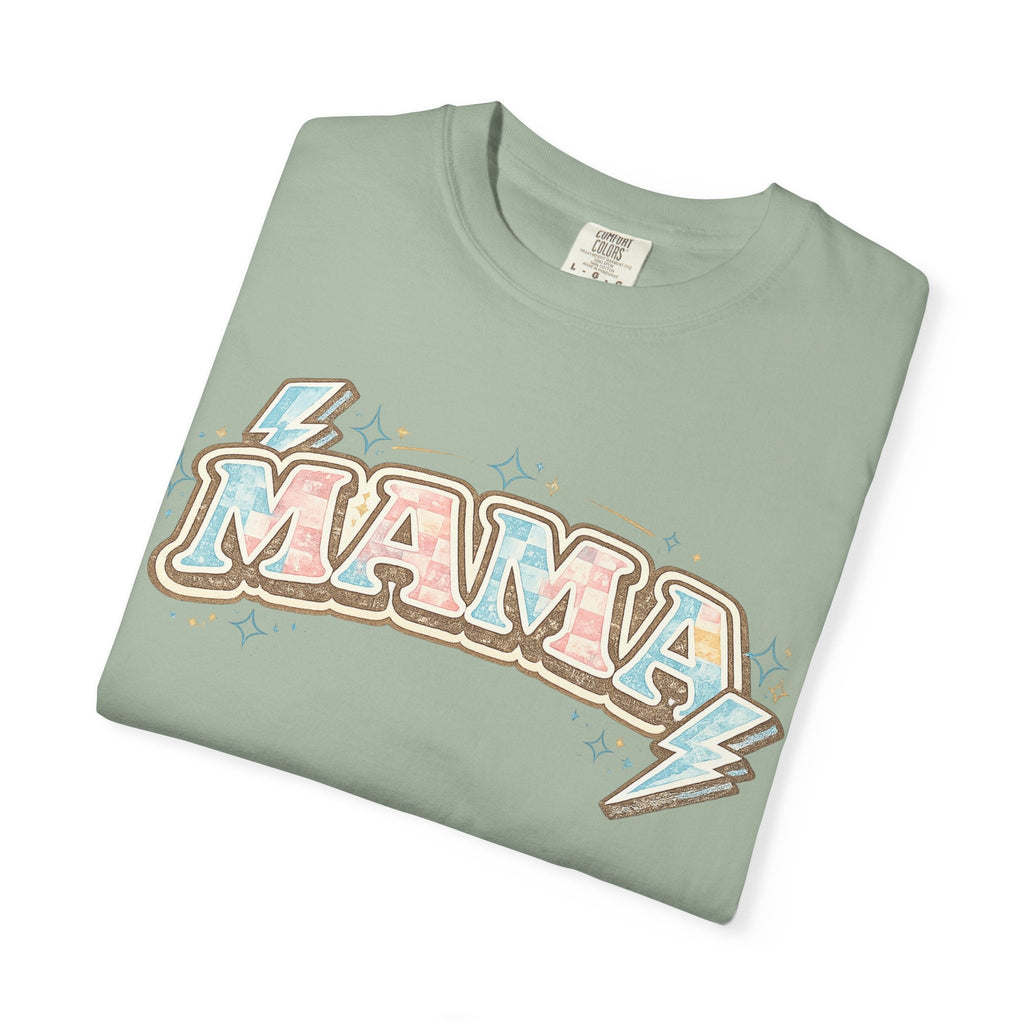 Retro "MAMA" Graphic Tee — Pink & Blue Lightning Bolt Mom Shirt - Grace & Grit Boutique