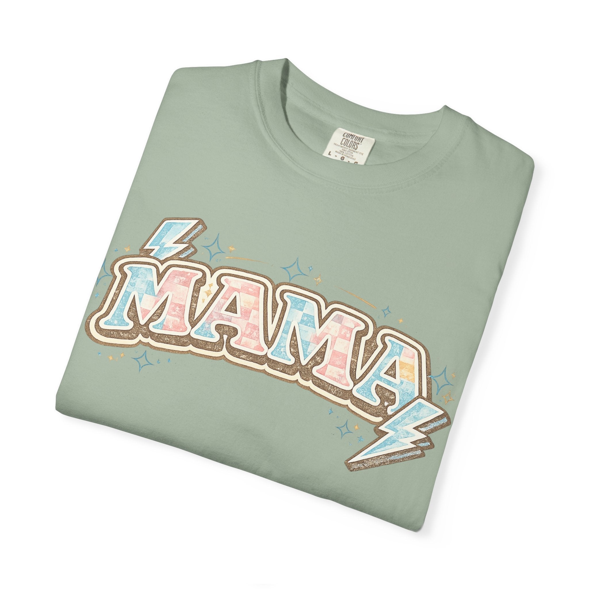 Retro "MAMA" Graphic Tee — Pink & Blue Lightning Bolt Mom Shirt - Grace & Grit Boutique
