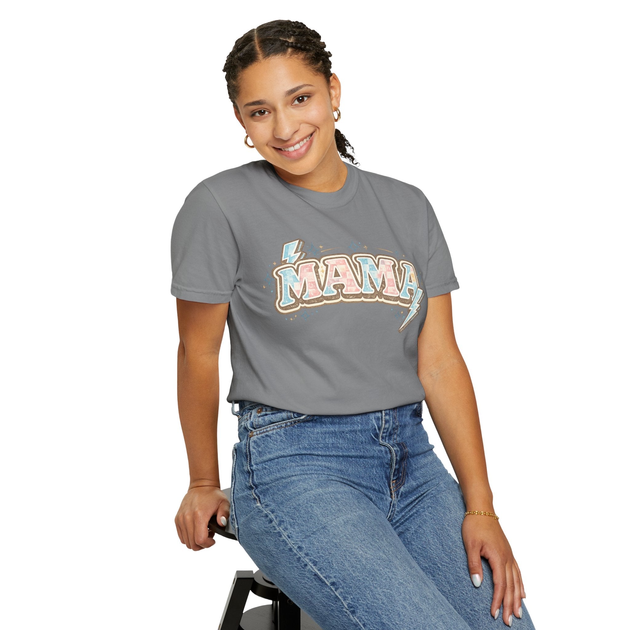 Retro "MAMA" Graphic Tee — Pink & Blue Lightning Bolt Mom Shirt - Grace & Grit Boutique
