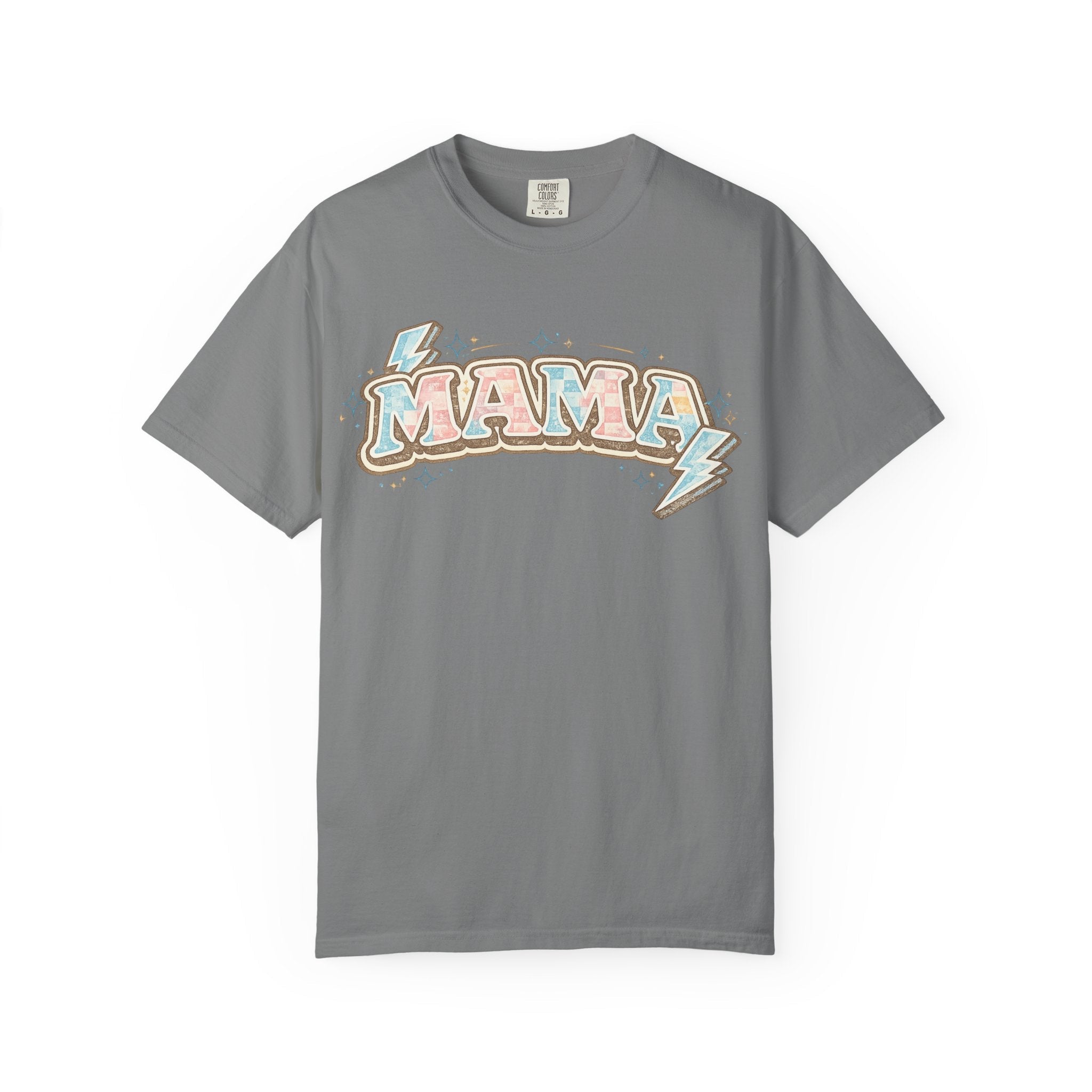 Retro "MAMA" Graphic Tee — Pink & Blue Lightning Bolt Mom Shirt - Grace & Grit Boutique