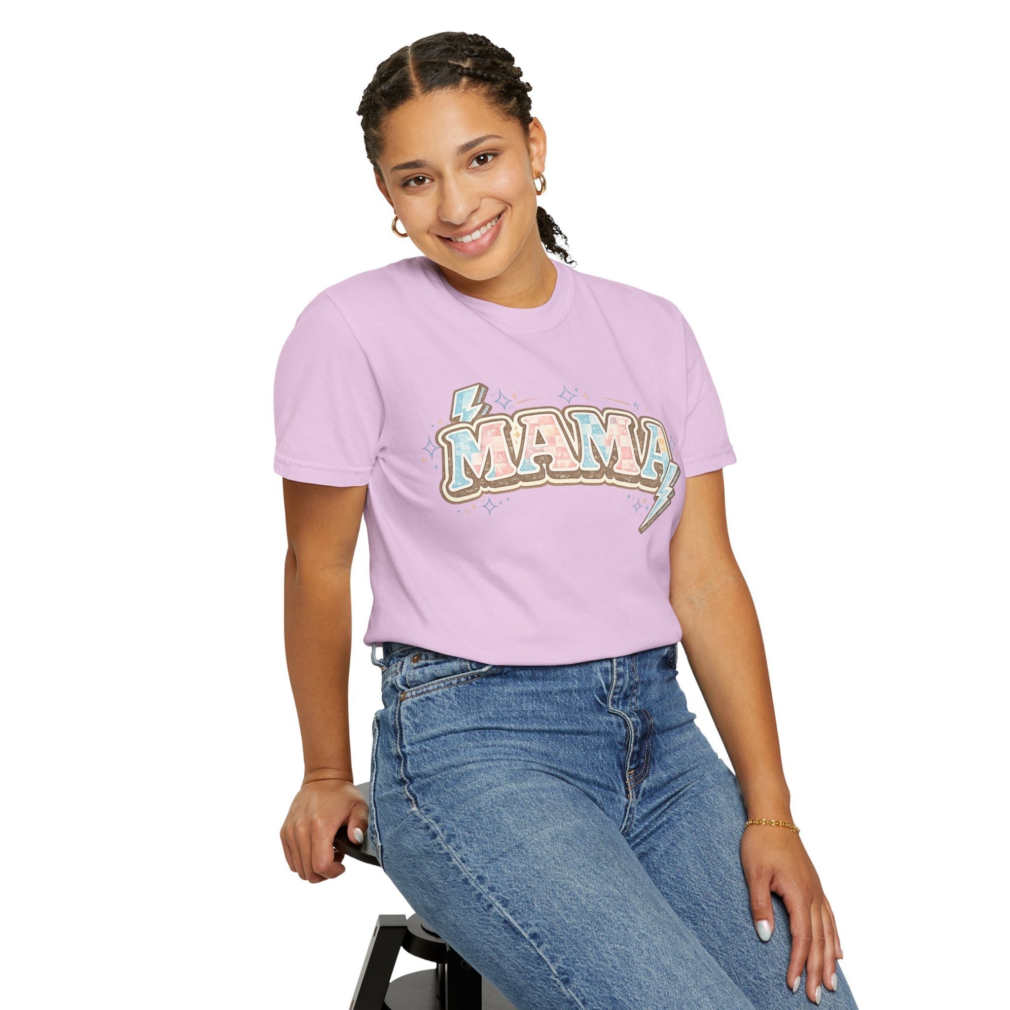Retro "MAMA" Graphic Tee — Pink & Blue Lightning Bolt Mom Shirt - Grace & Grit Boutique
