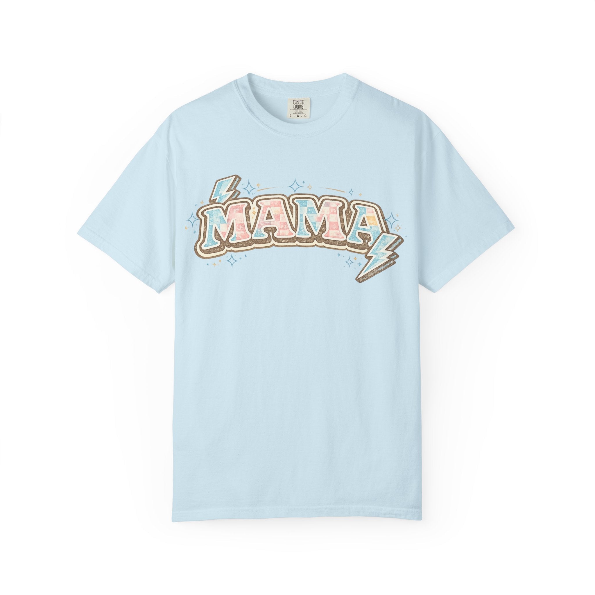 Retro "MAMA" Graphic Tee — Pink & Blue Lightning Bolt Mom Shirt - Grace & Grit Boutique